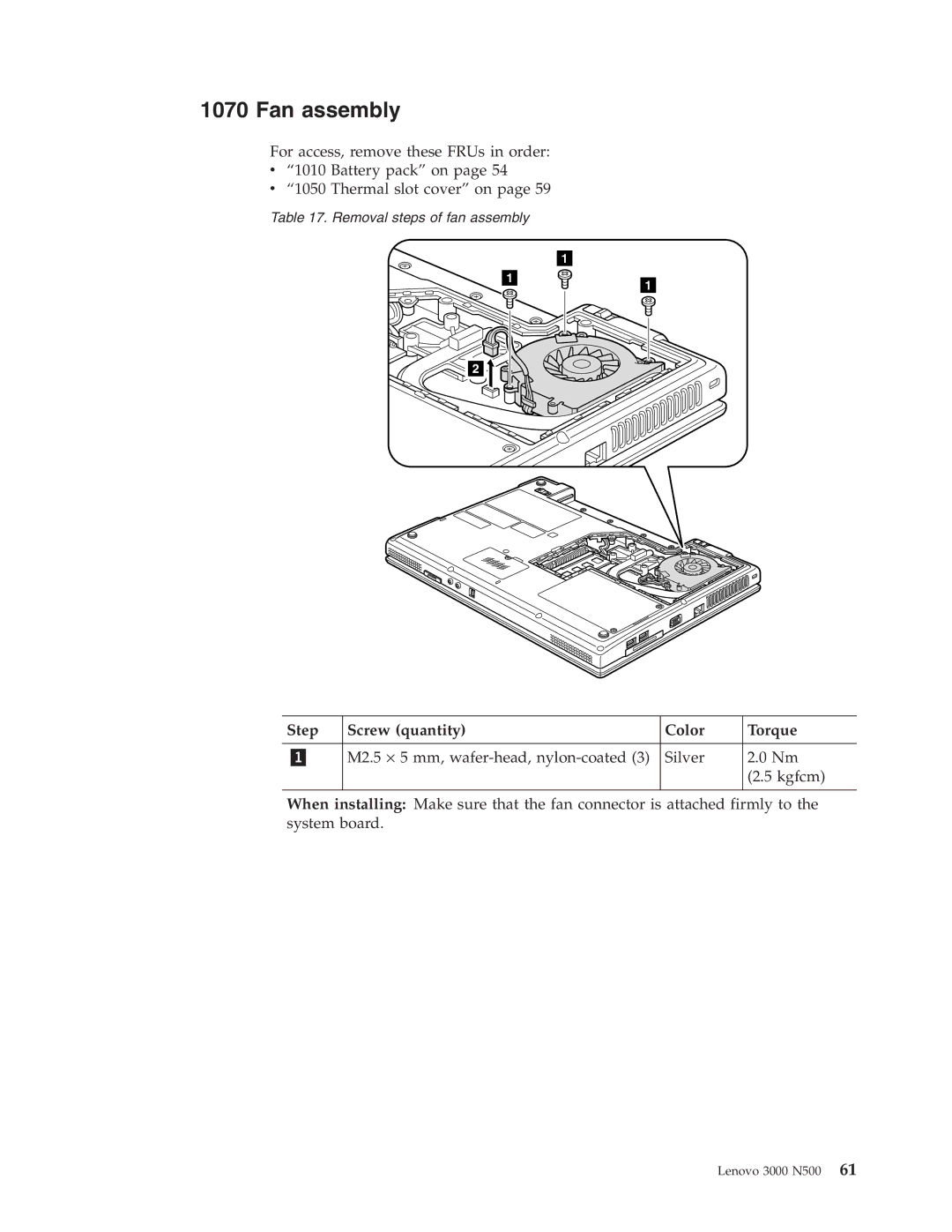 Lenovo 3000 N500 manual Fan assembly, Step Screw quantity Color Torque 