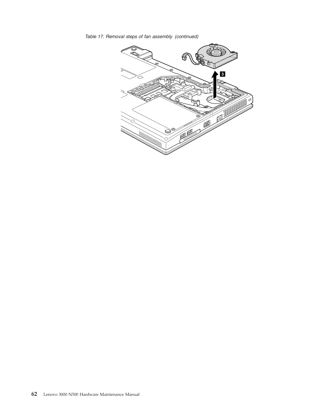 Lenovo 3000 N500 manual Removal steps of fan assembly 