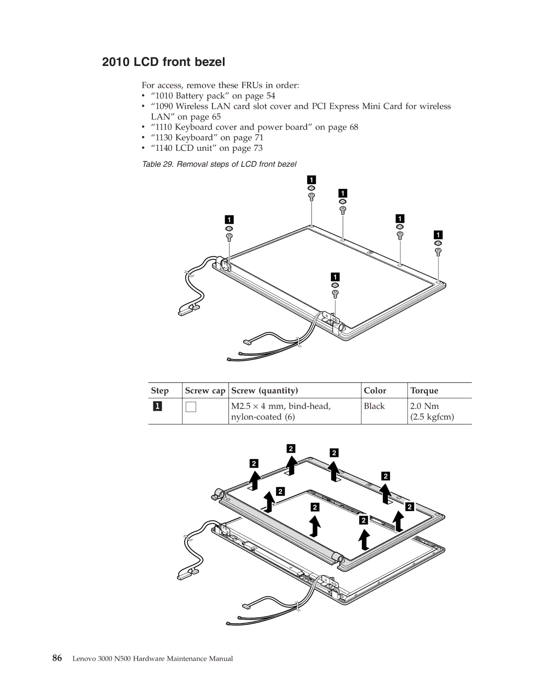 Lenovo 3000 N500 manual LCD front bezel, Step Screw cap Screw quantity Color Torque 