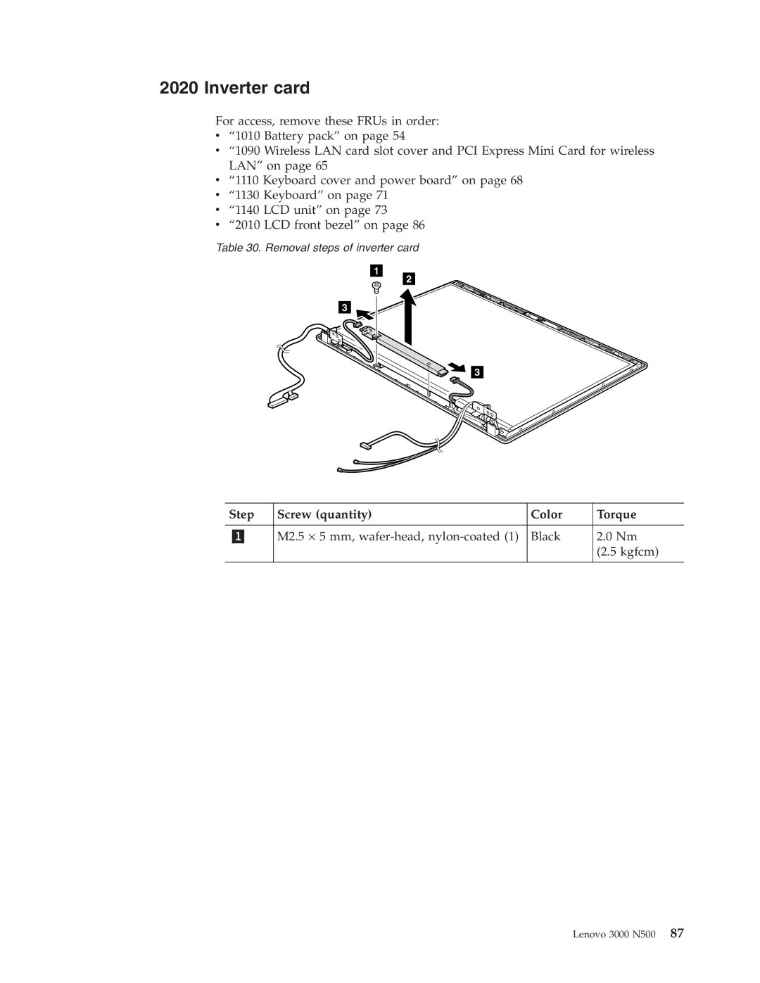 Lenovo 3000 N500 manual Inverter card, Step Screw quantity Color Torque 