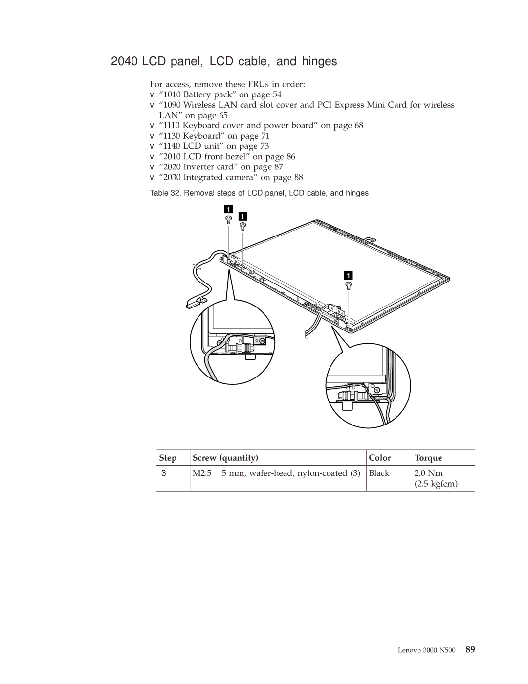 Lenovo 3000 N500 manual LCD panel, LCD cable, and hinges 