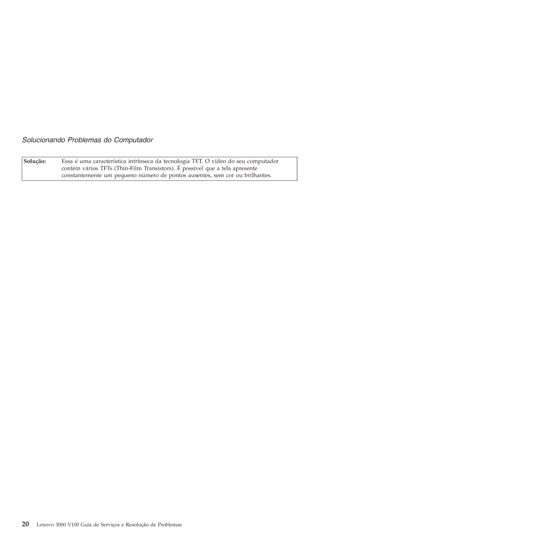 Lenovo 3000 V100 manual Solucionando Problemas do Computador 