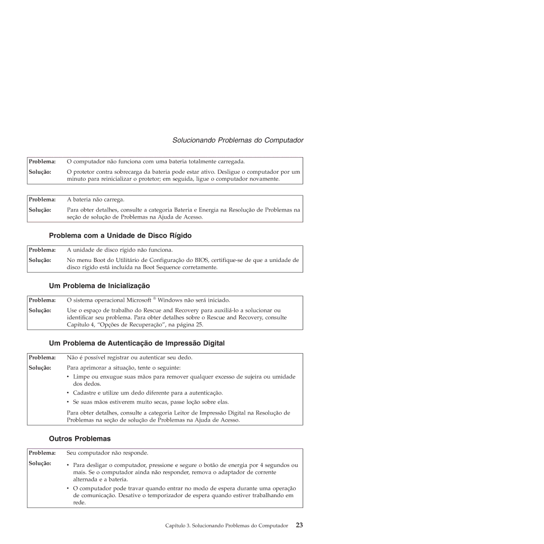 Lenovo 3000 V100 manual Problema com a Unidade de Disco Rígido, Um Problema de Inicialização, Outros Problemas 