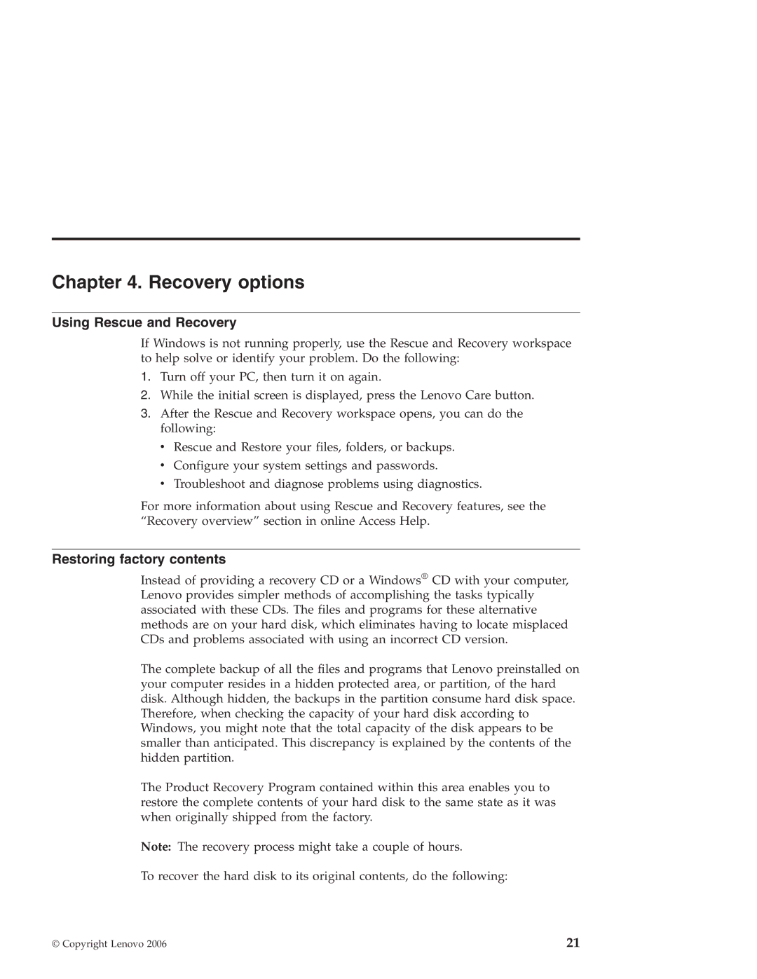 Lenovo 3000 V100 warranty Recovery options, Using Rescue and Recovery, Restoring factory contents 