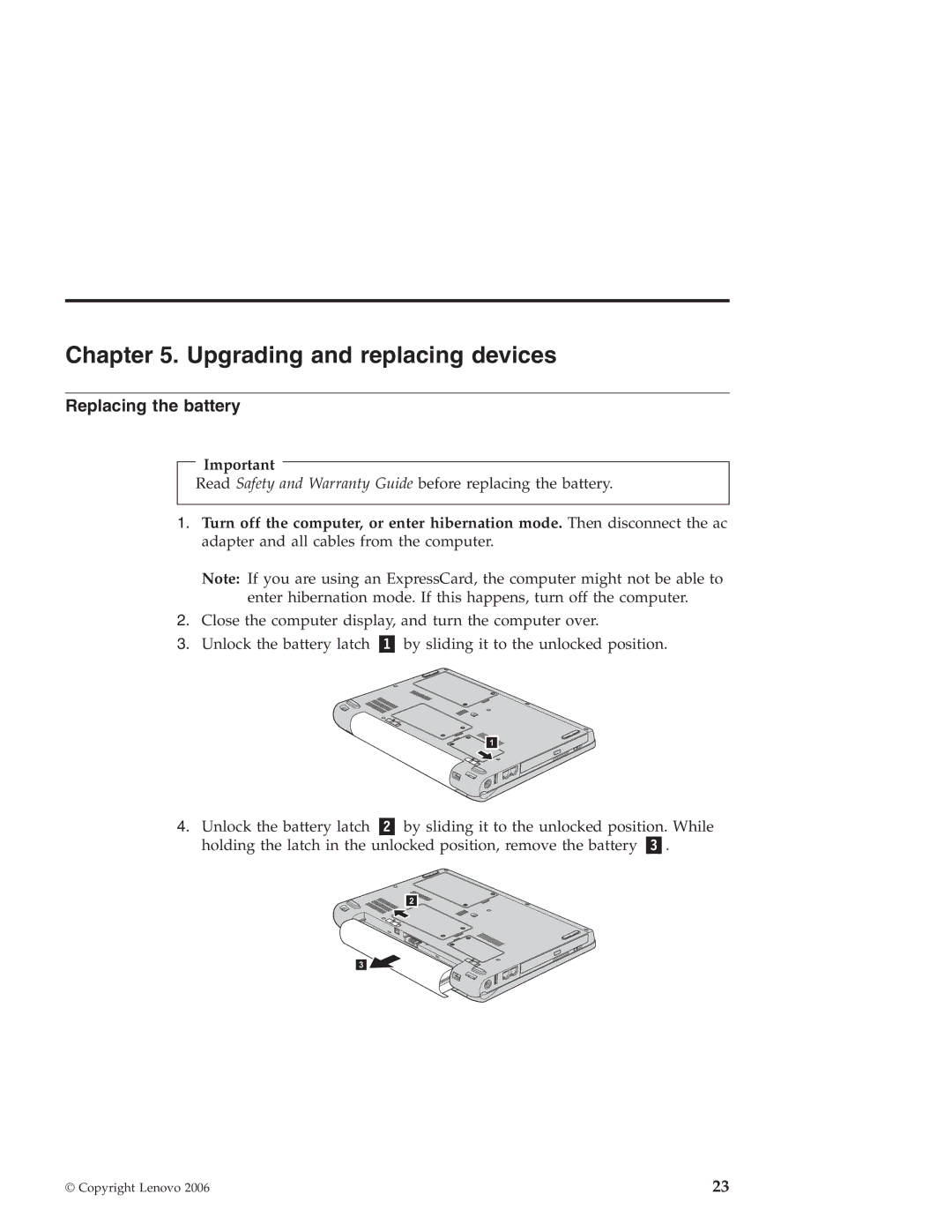 Lenovo 3000 V100 warranty Upgrading and replacing devices, Replacing the battery 