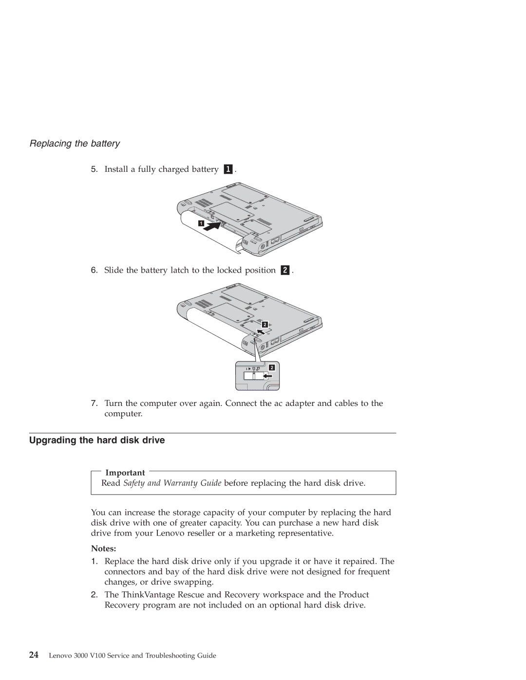 Lenovo 3000 V100 warranty Replacing the battery, Upgrading the hard disk drive 