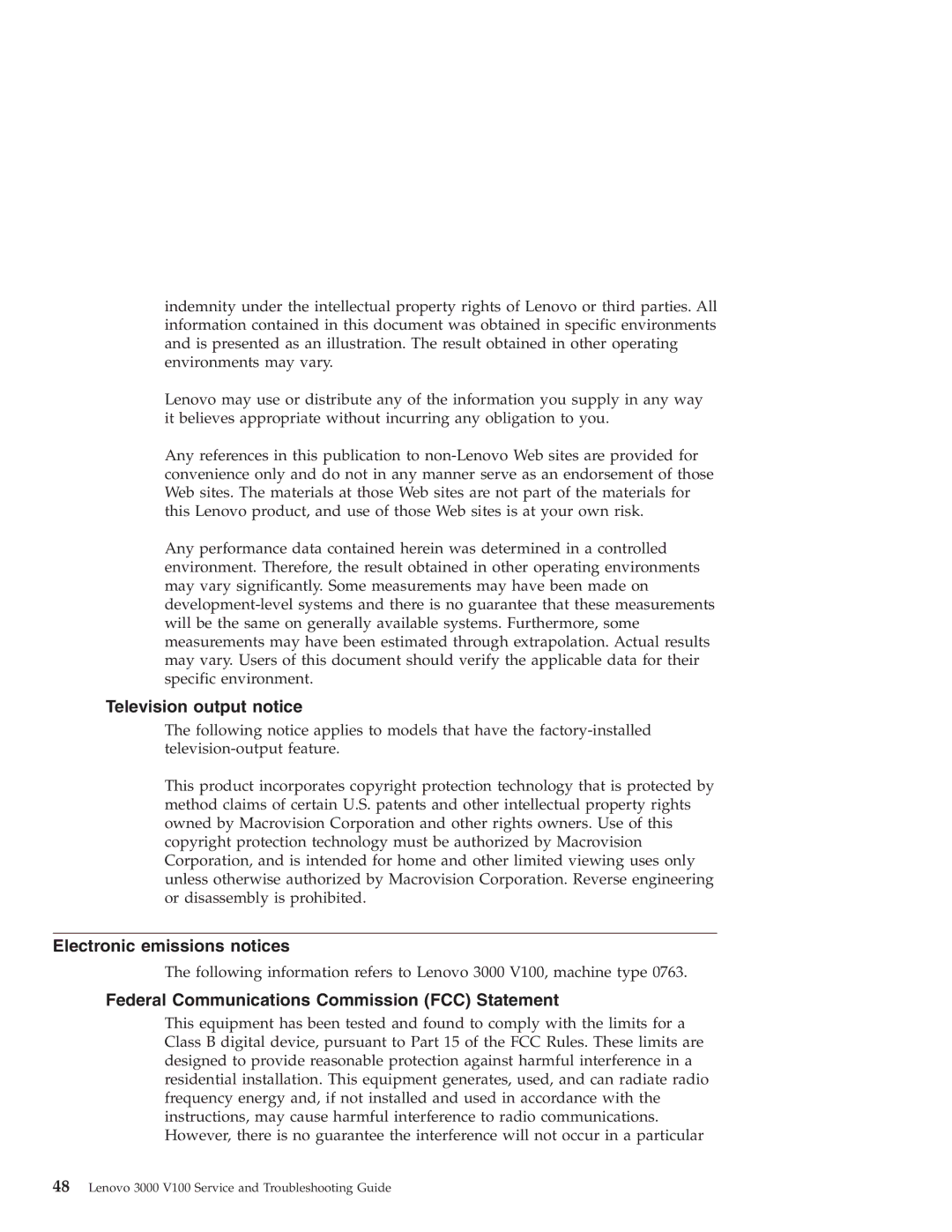 Lenovo 3000 V100 Television output notice, Electronic emissions notices, Federal Communications Commission FCC Statement 