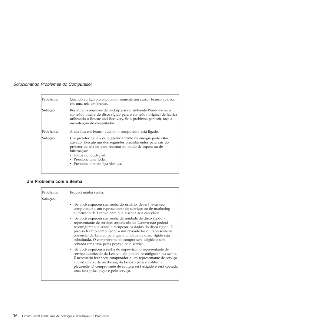 Lenovo 3000 V200 manual Um Problema com a Senha, Solução 