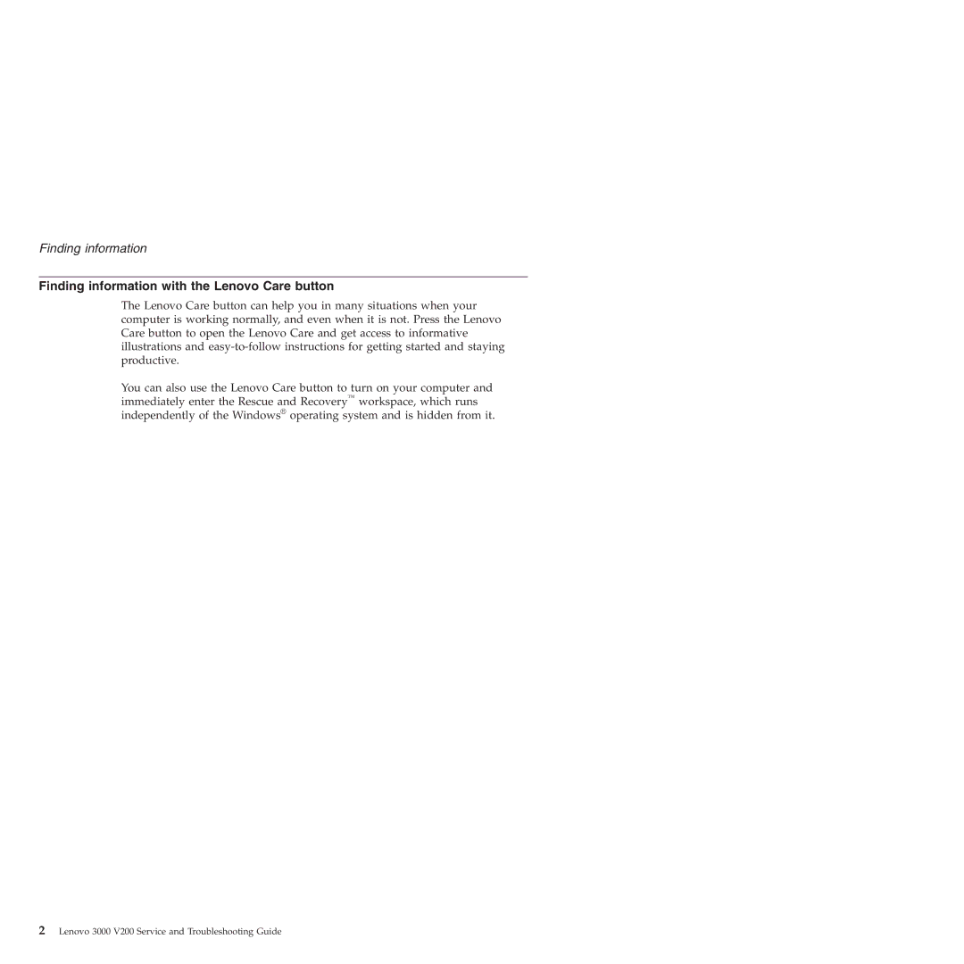 Lenovo 3000 V200 manual Finding information with the Lenovo Care button 