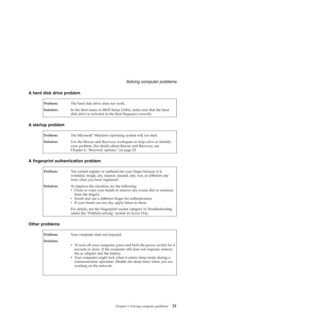 Lenovo 3000 V200 manual Hard disk drive problem, Startup problem, Fingerprint authentication problem, Other problems 