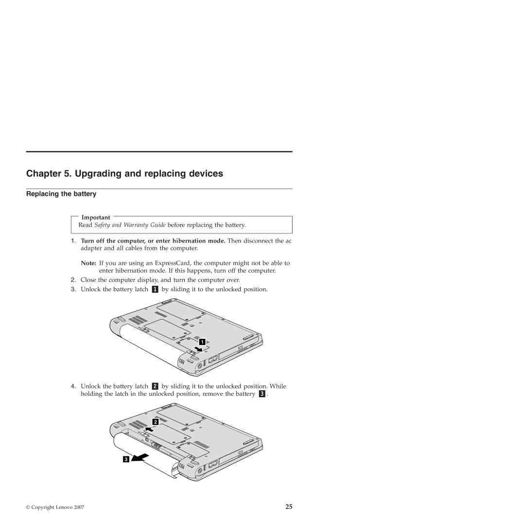 Lenovo 3000 V200 manual Upgrading and replacing devices, Replacing the battery 