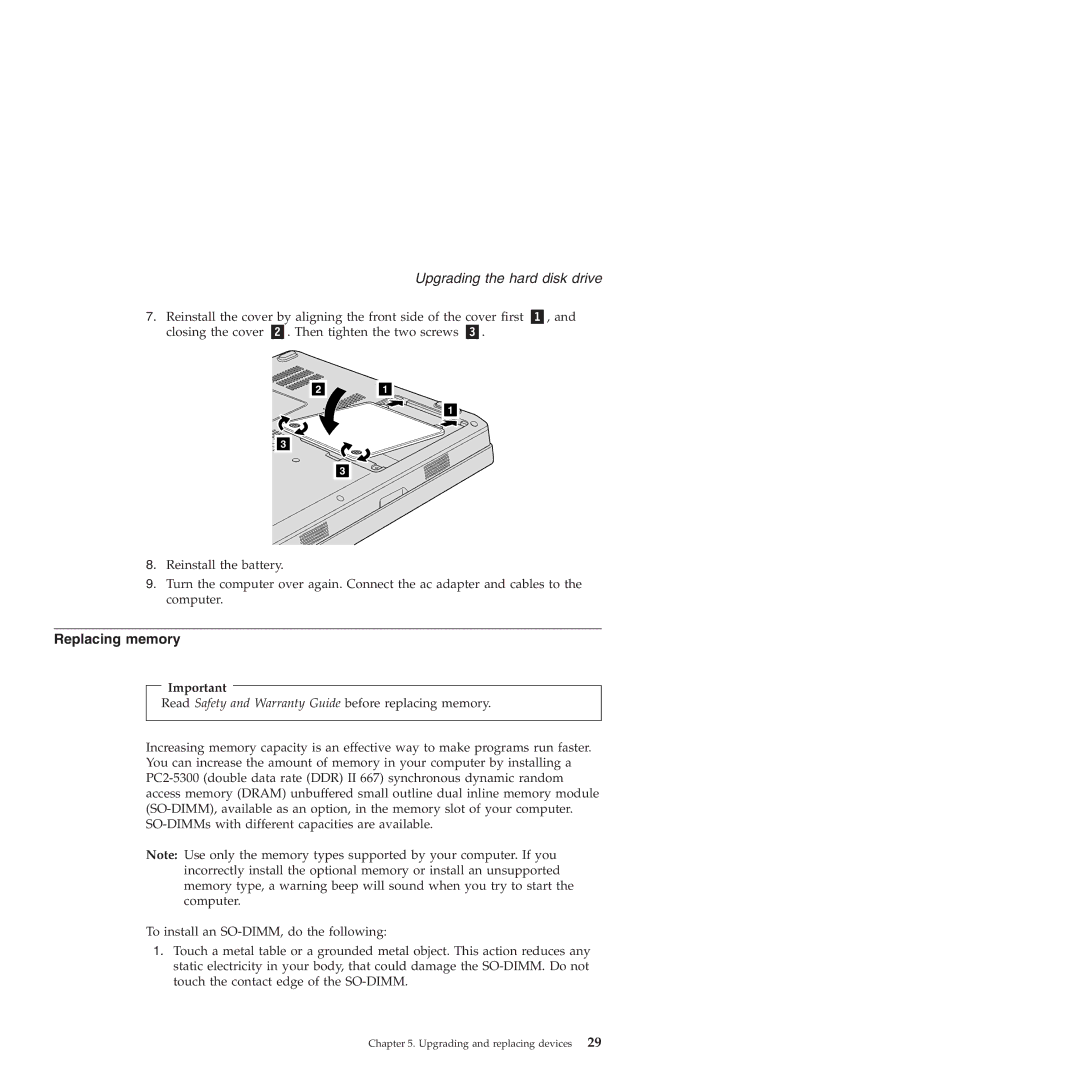 Lenovo 3000 V200 manual Replacing memory 