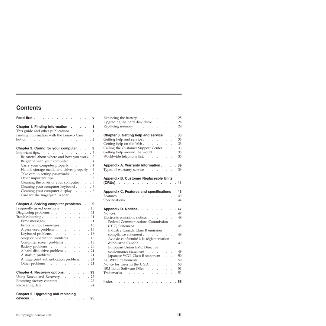 Lenovo 3000 V200 manual Contents 