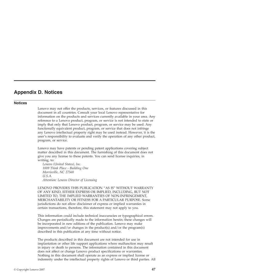 Lenovo 3000 V200 manual Appendix D. Notices 