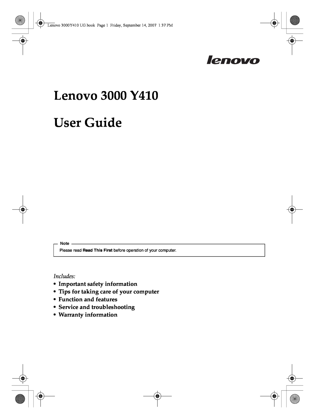 Lenovo 3000 Y410 warranty •Important safety information, •Tips for taking care of your computer, •Function and features 