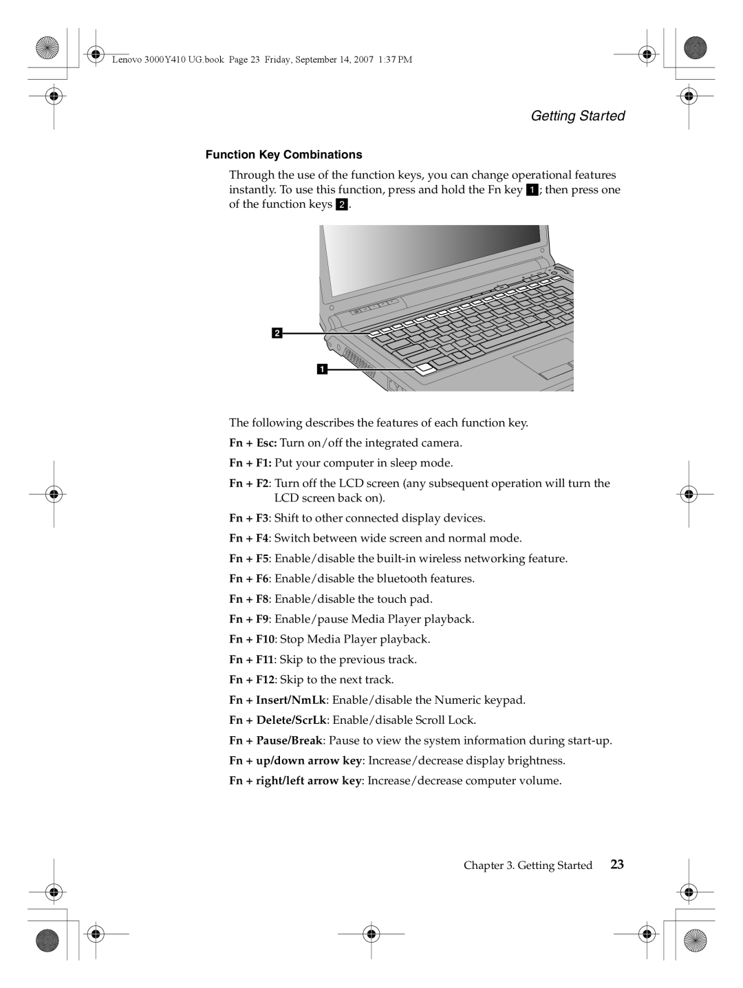 Lenovo 3000 Y410 warranty Getting Started, Function Key Combinations 