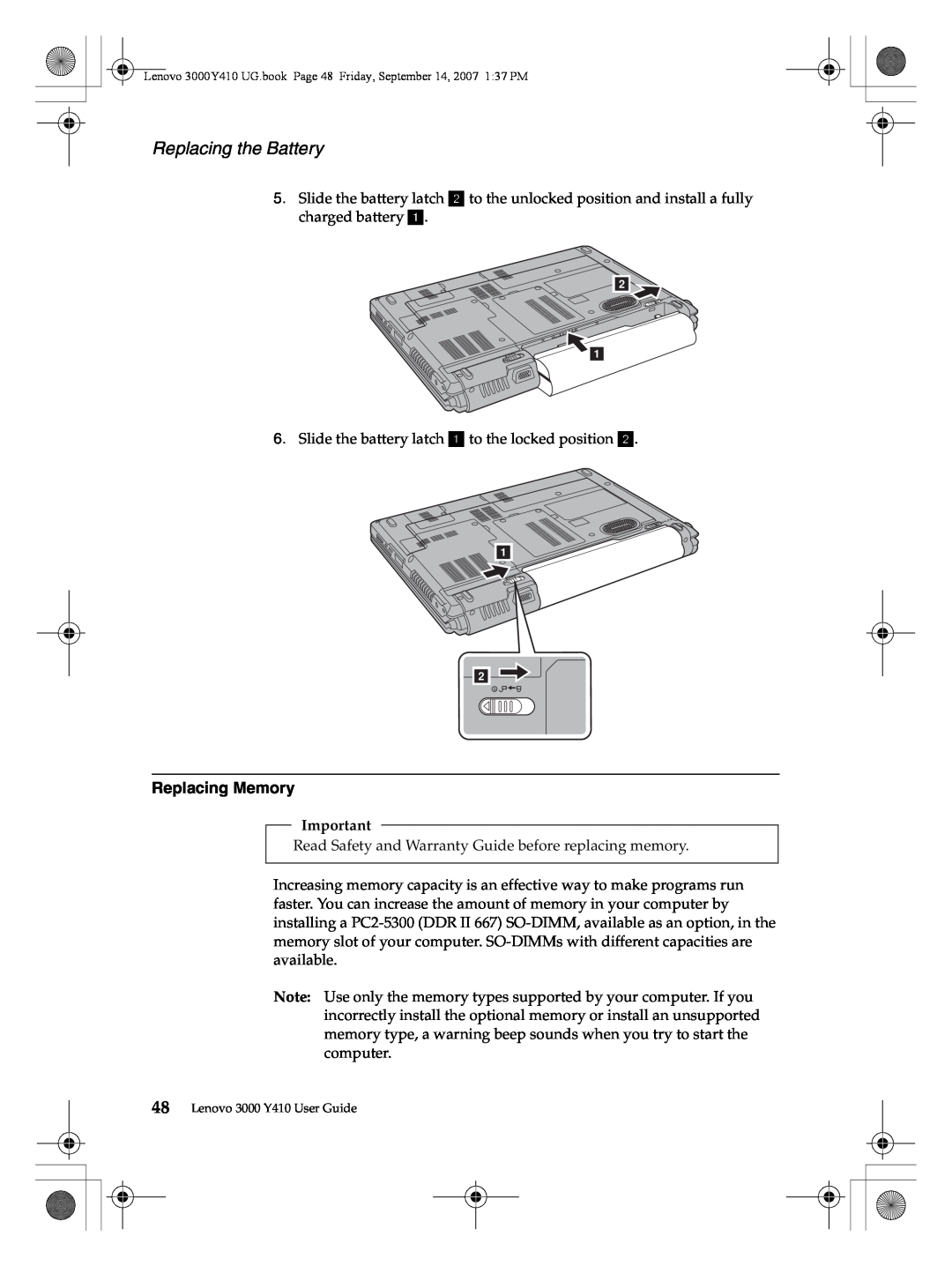 Lenovo 3000 Y410 warranty Replacing the Battery, Replacing Memory 