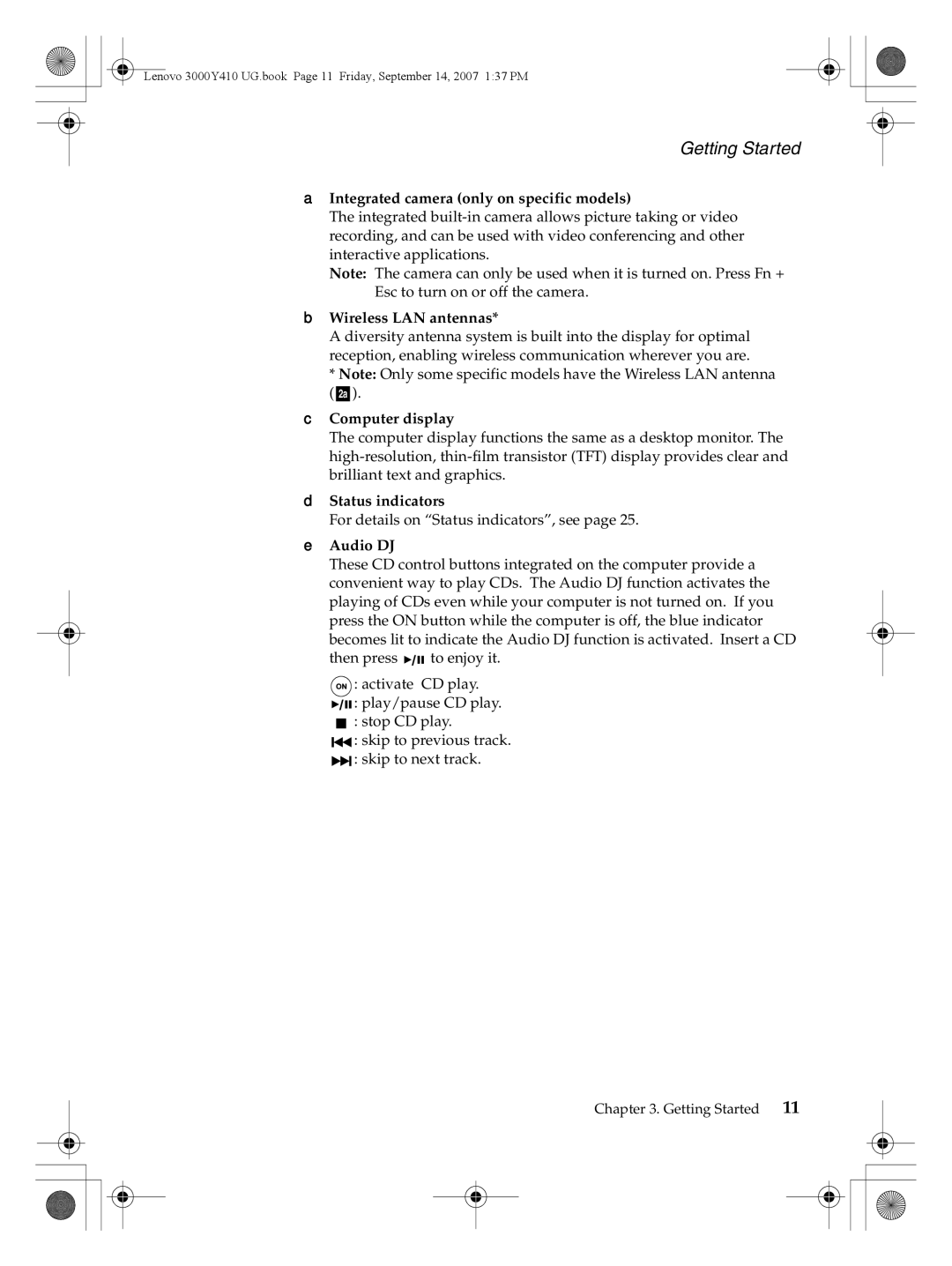 Lenovo 3000 Y410 Integrated camera only on specific models, Wireless LAN antennas, Computer display, Status indicators 