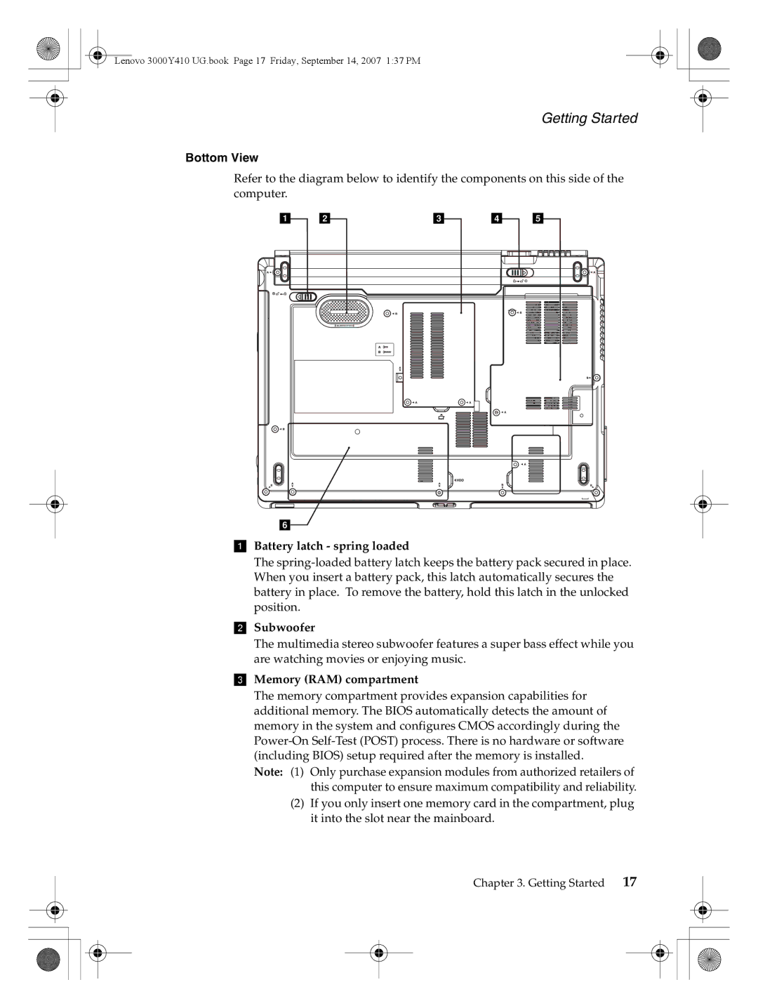 Lenovo 3000 Y410 warranty Bottom View, Battery latch spring loaded, Subwoofer, Memory RAM compartment 