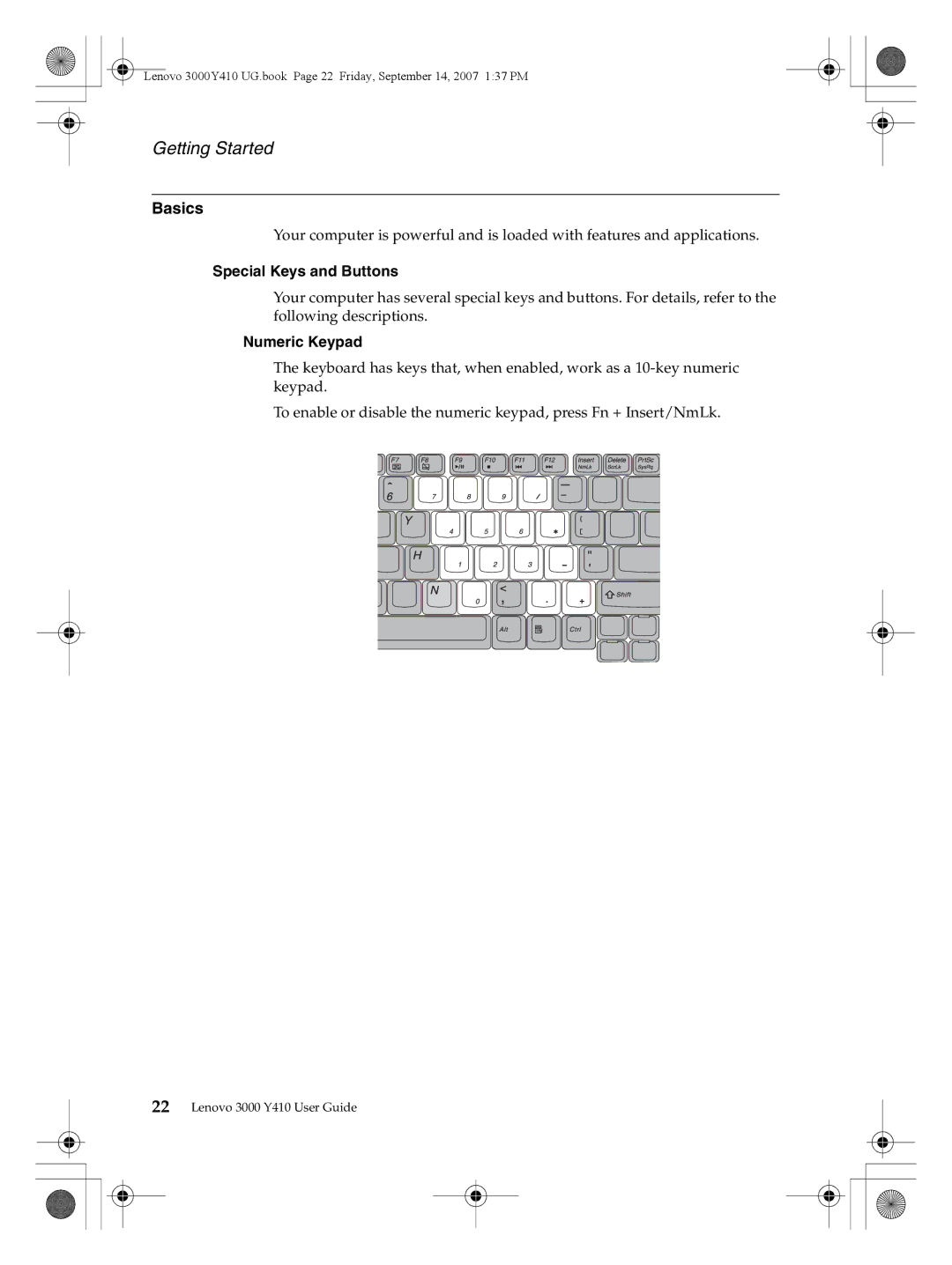 Lenovo 3000 Y410 warranty Basics, Special Keys and Buttons, Numeric Keypad 