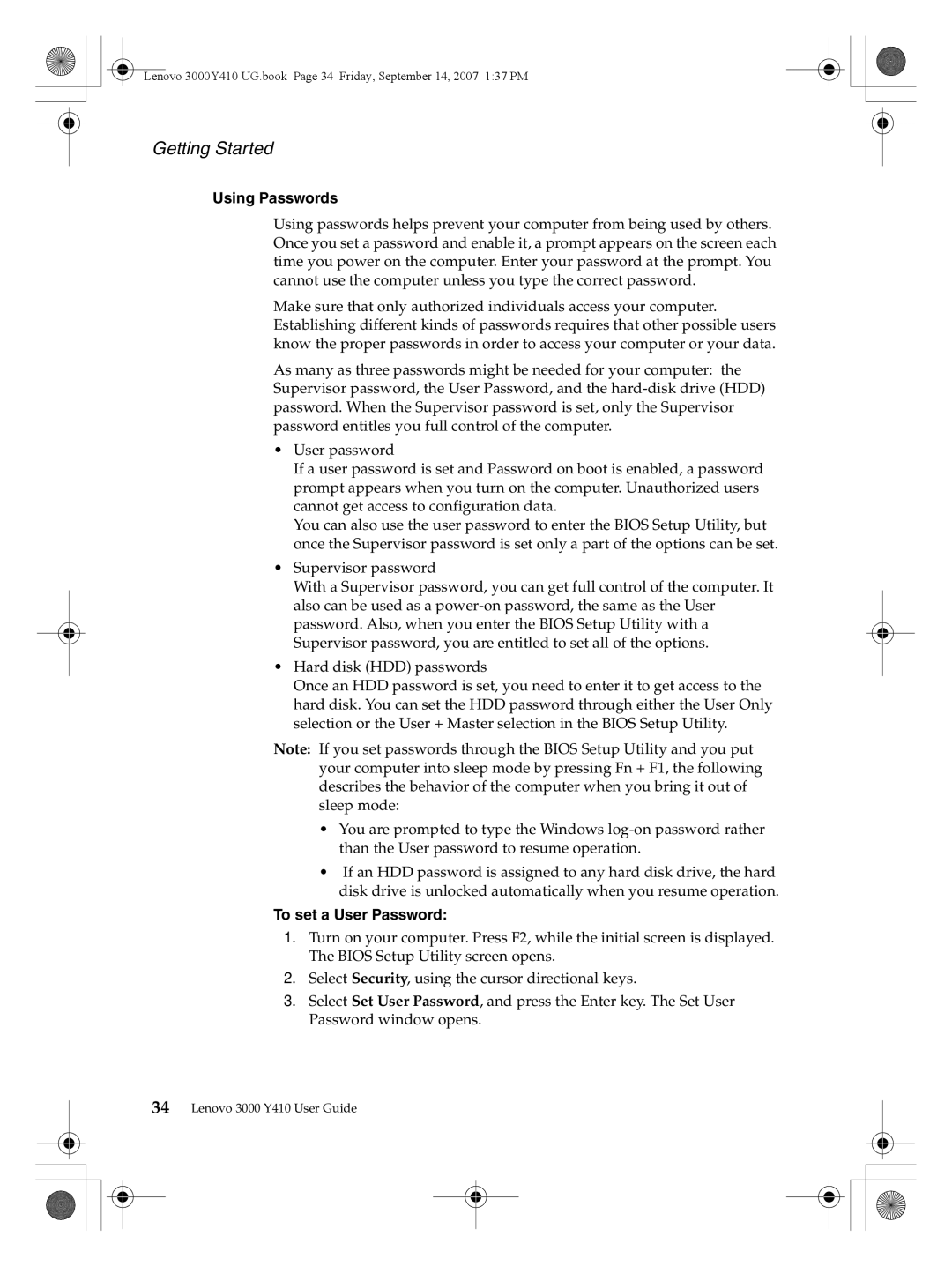 Lenovo 3000 Y410 warranty Using Passwords, To set a User Password 