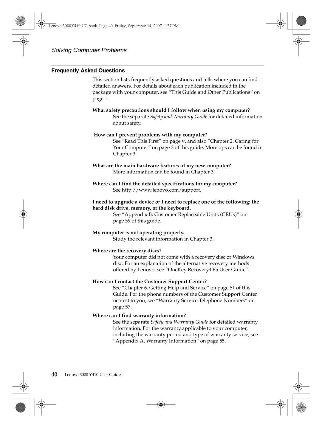 Lenovo 3000 Y410 warranty Solving Computer Problems, Frequently Asked Questions 