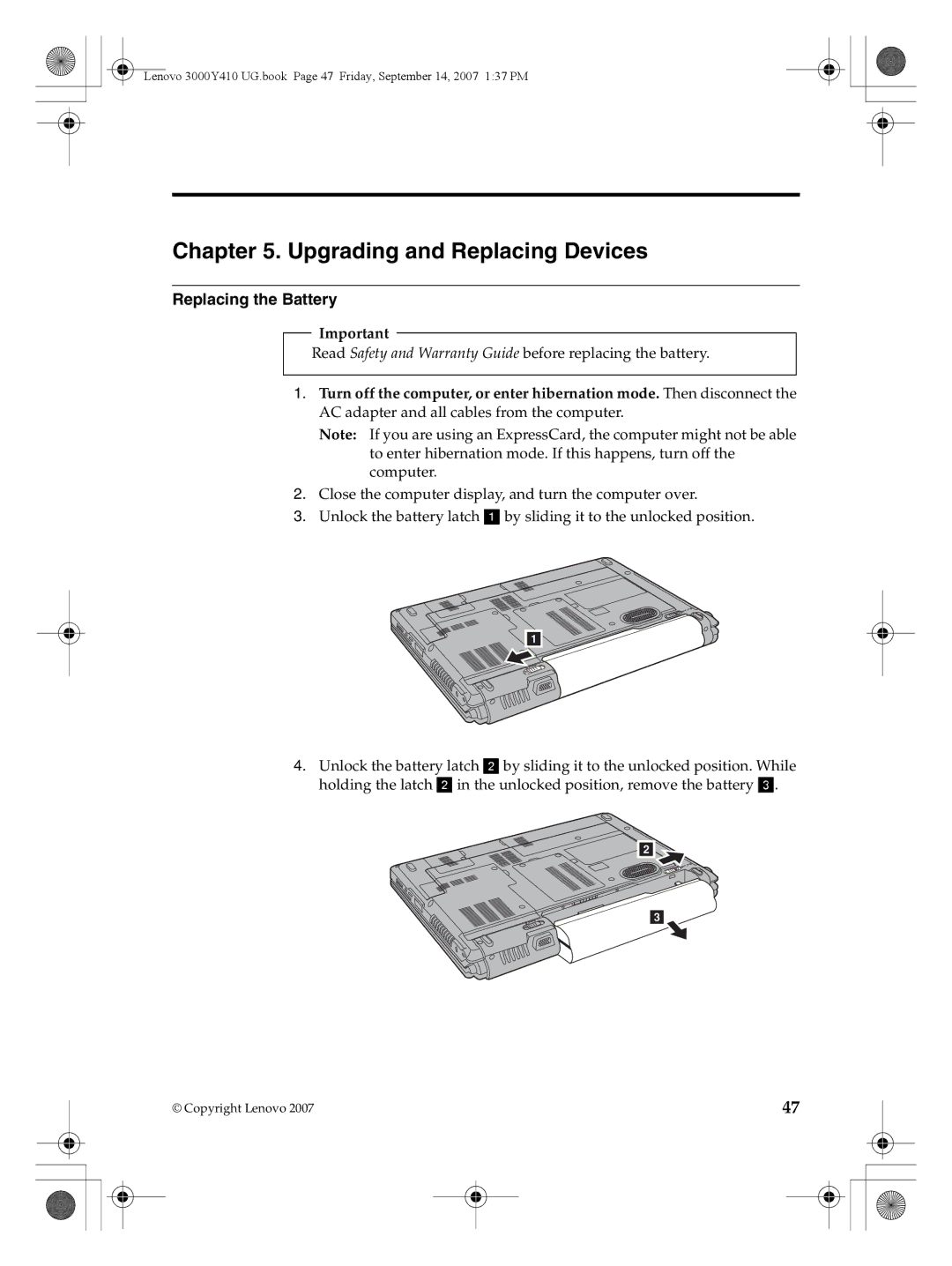 Lenovo 3000 Y410 warranty Upgrading and Replacing Devices, Replacing the Battery 