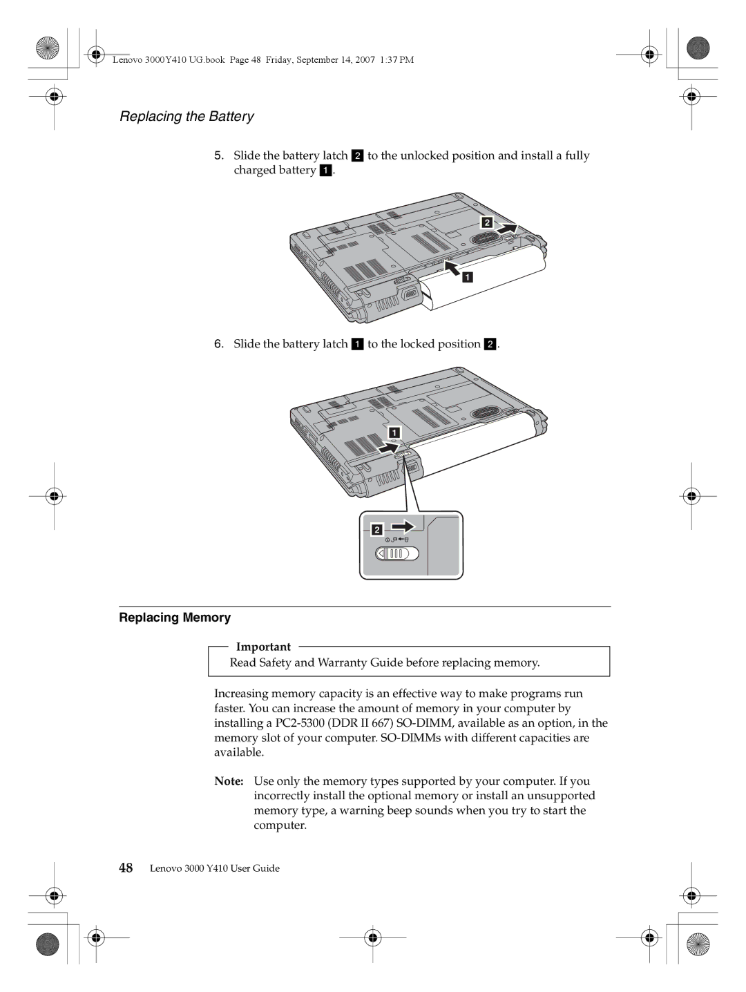 Lenovo 3000 Y410 warranty Replacing the Battery, Replacing Memory 