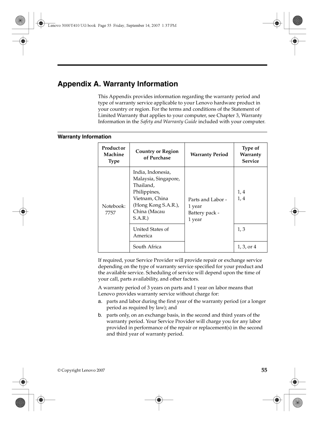 Lenovo 3000 Y410 Appendix A. Warranty Information, Product or Country or Region Type Machine Warranty Period, Purchase 