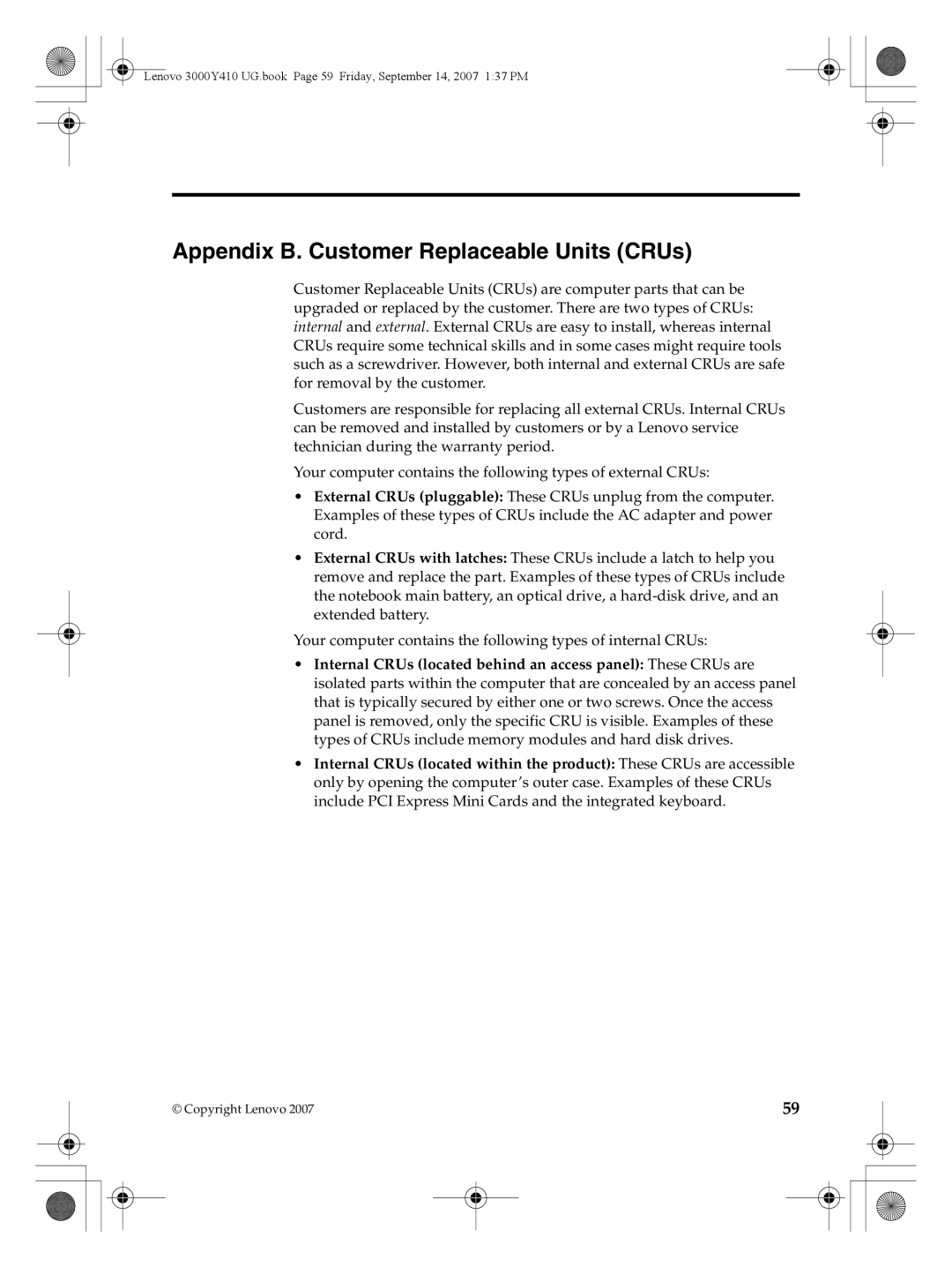 Lenovo 3000 Y410 warranty Appendix B. Customer Replaceable Units CRUs 