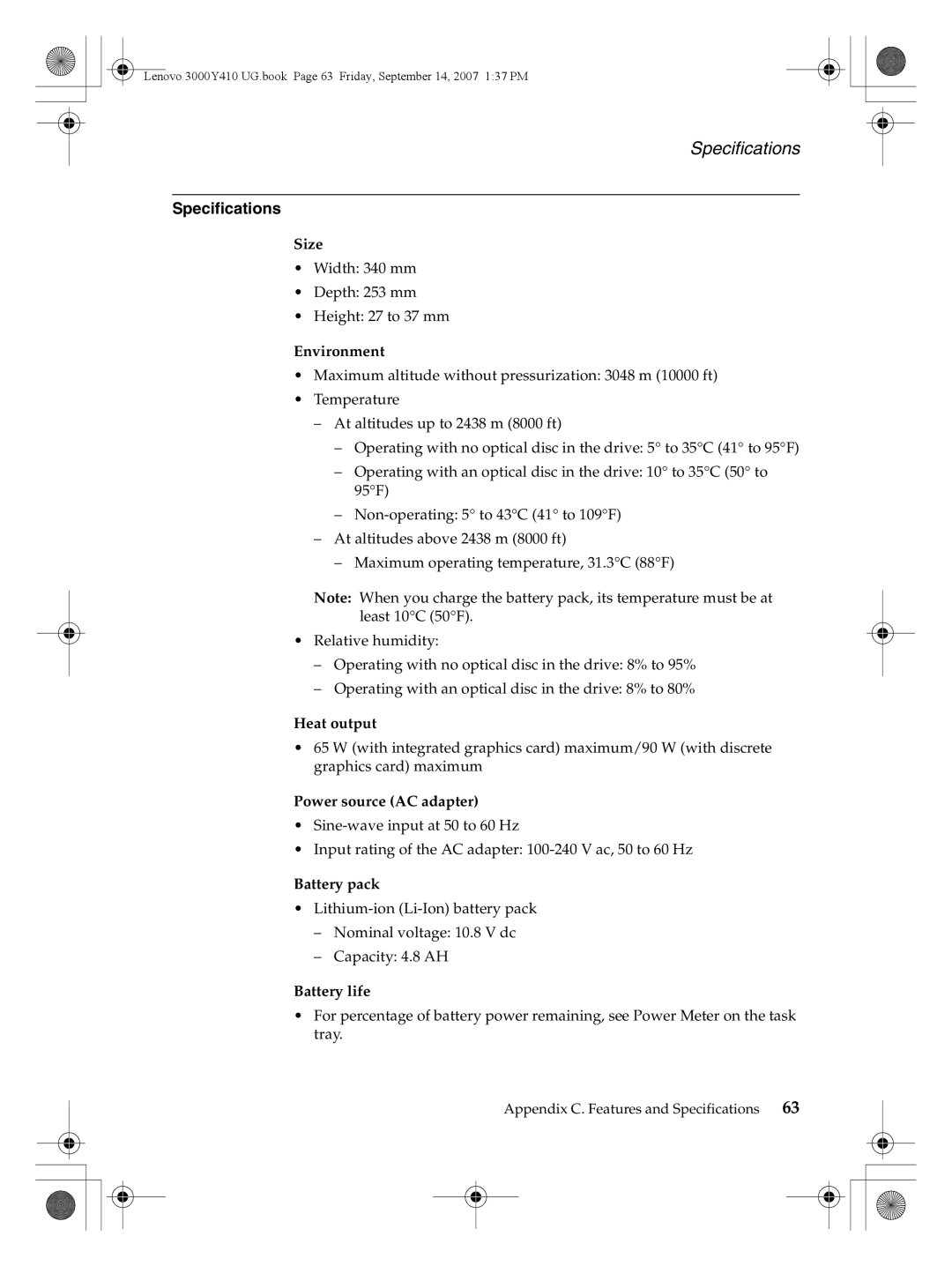 Lenovo 3000 Y410 warranty Specifications 