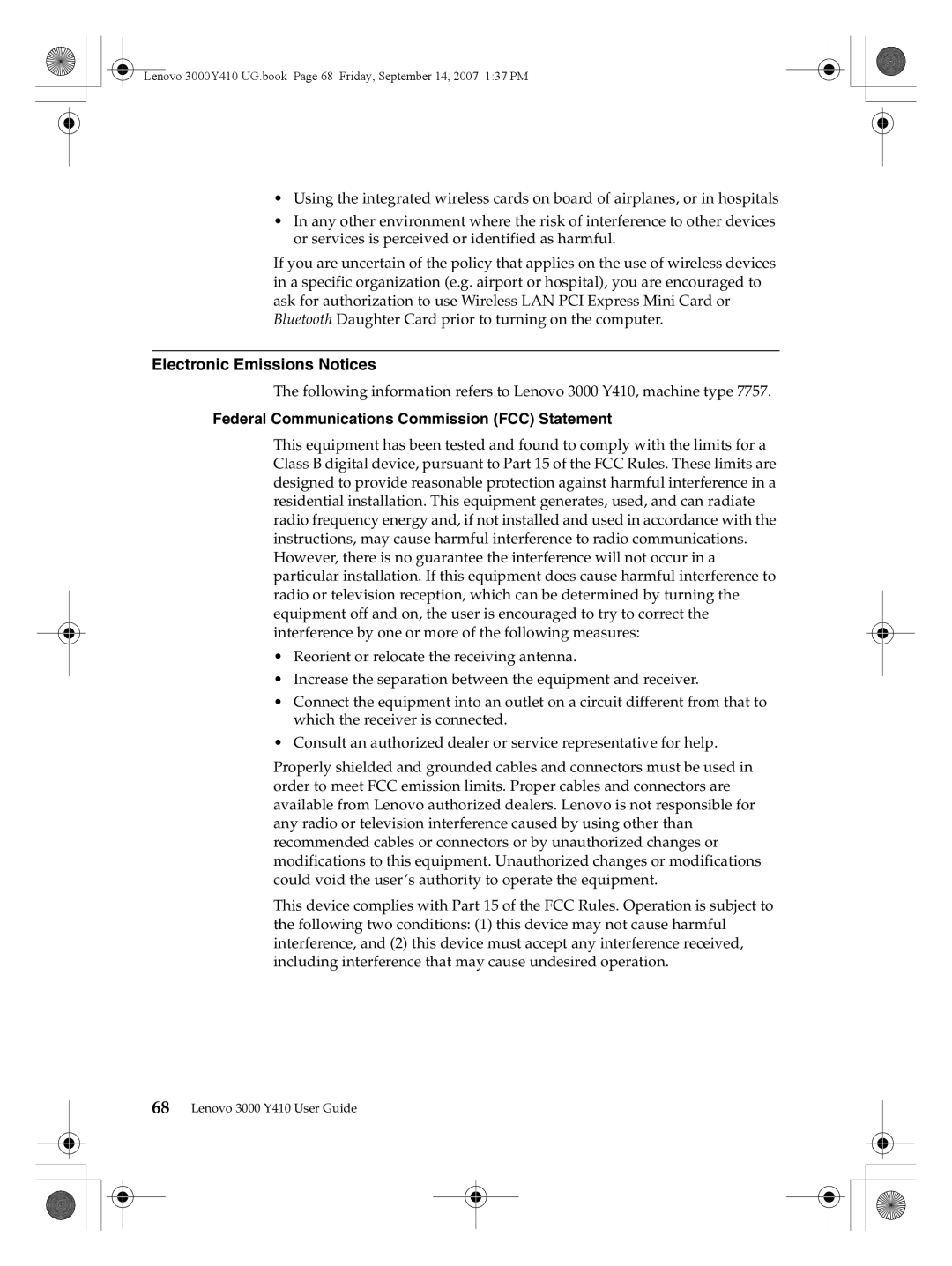 Lenovo 3000 Y410 warranty Electronic Emissions Notices, Federal Communications Commission FCC Statement 