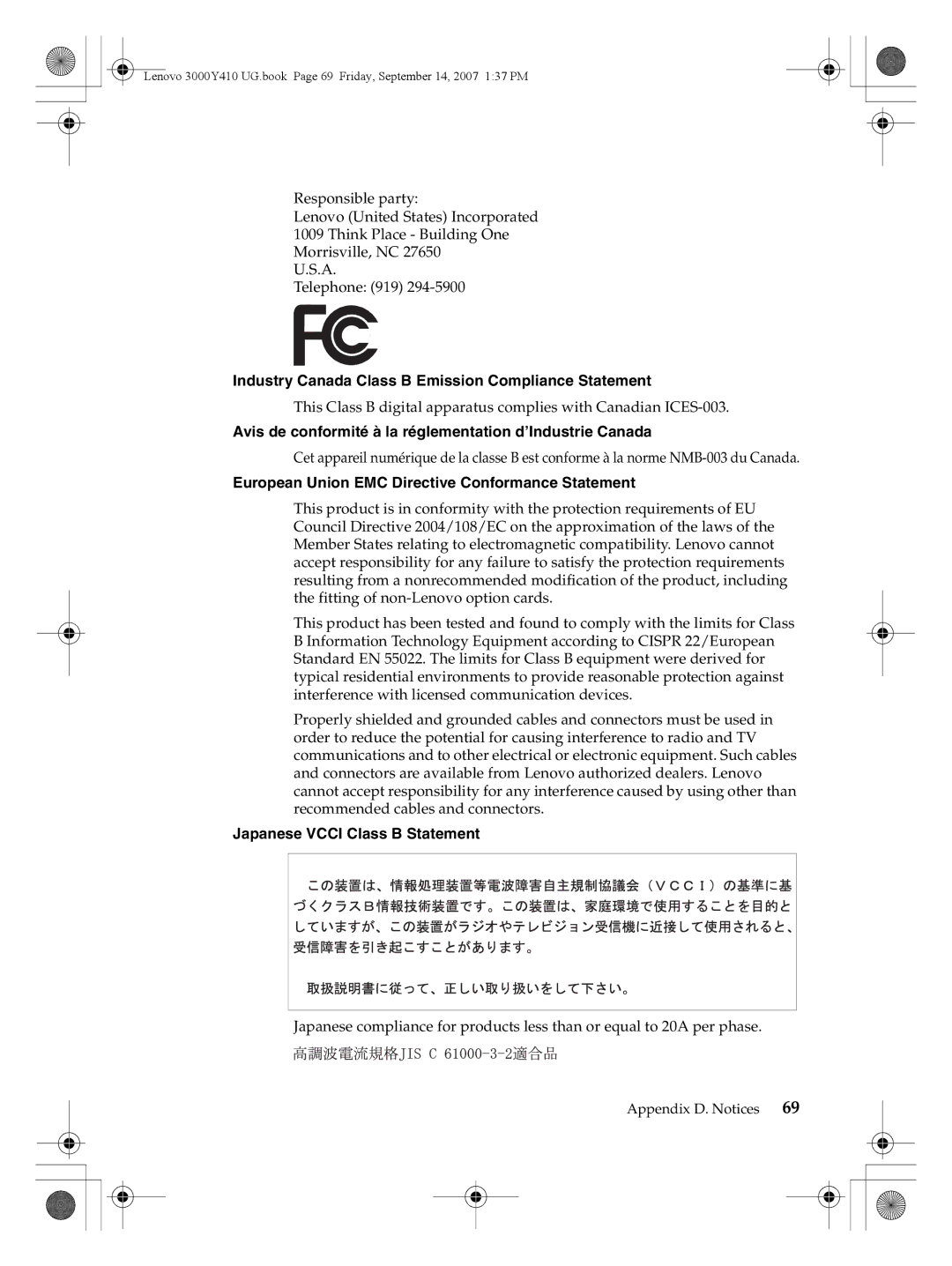 Lenovo 3000 Y410 Industry Canada Class B Emission Compliance Statement, European Union EMC Directive Conformance Statement 