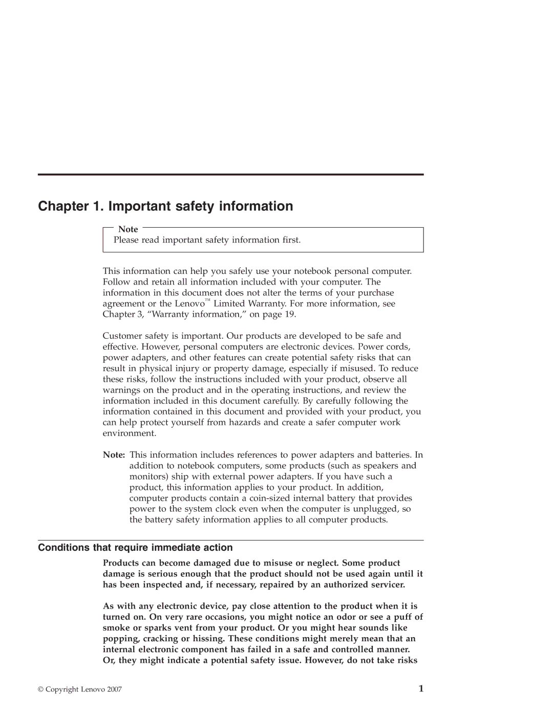 Lenovo 3000 warranty Important safety information, Conditions that require immediate action 