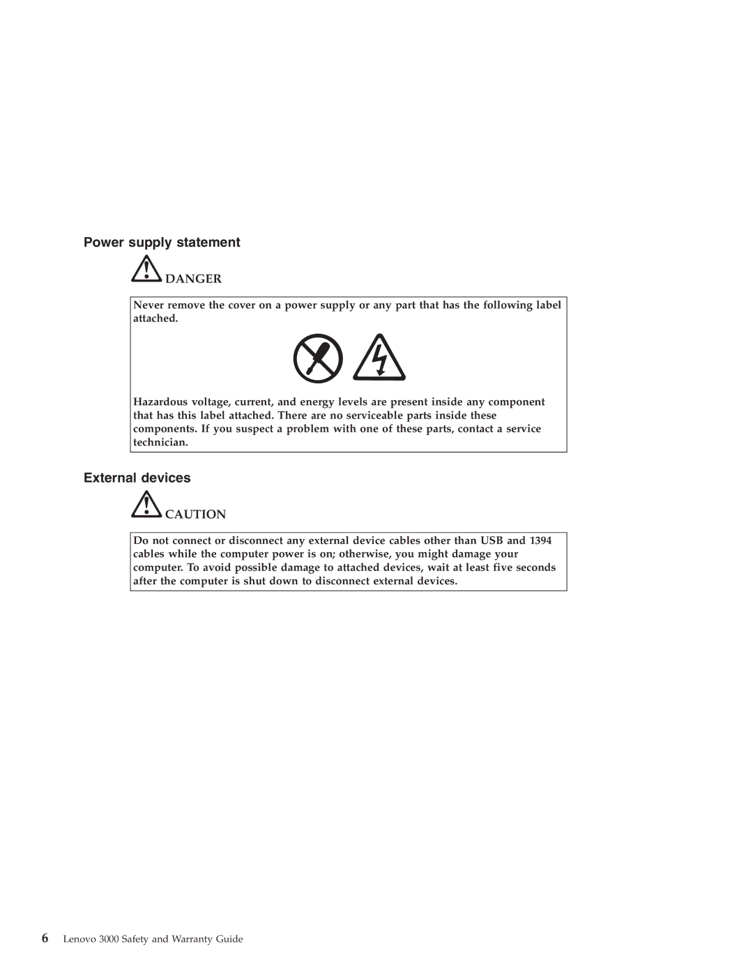 Lenovo 3000 warranty Power supply statement, External devices 