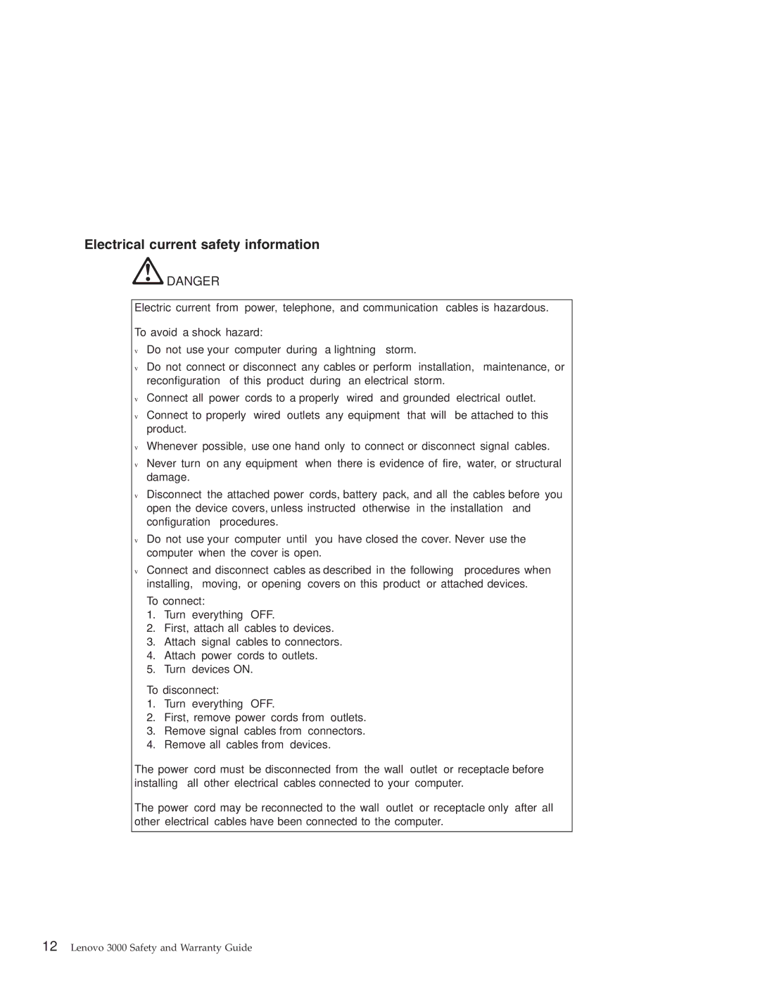 Lenovo 3000 warranty Electrical current safety information 