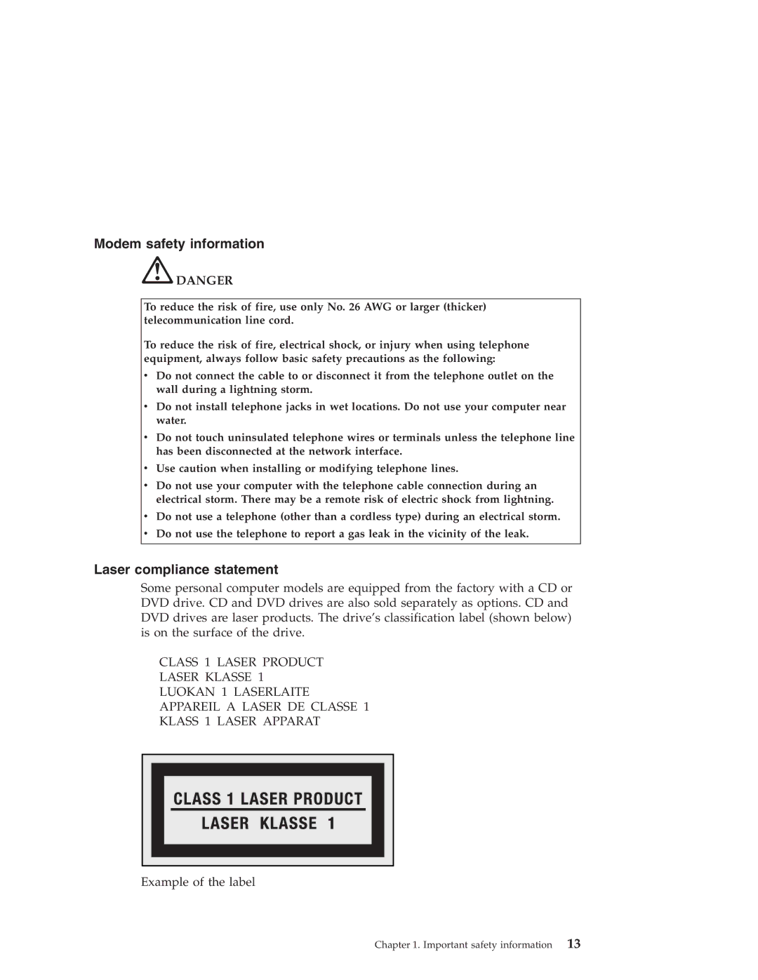 Lenovo 3000 warranty Modem safety information, Laser compliance statement 