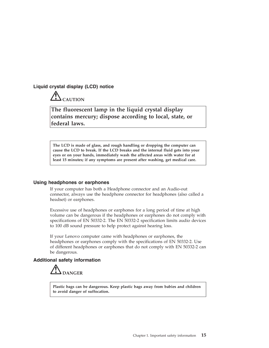 Lenovo 3000 warranty Liquid crystal display LCD notice, Using headphones or earphones, Additional safety information 