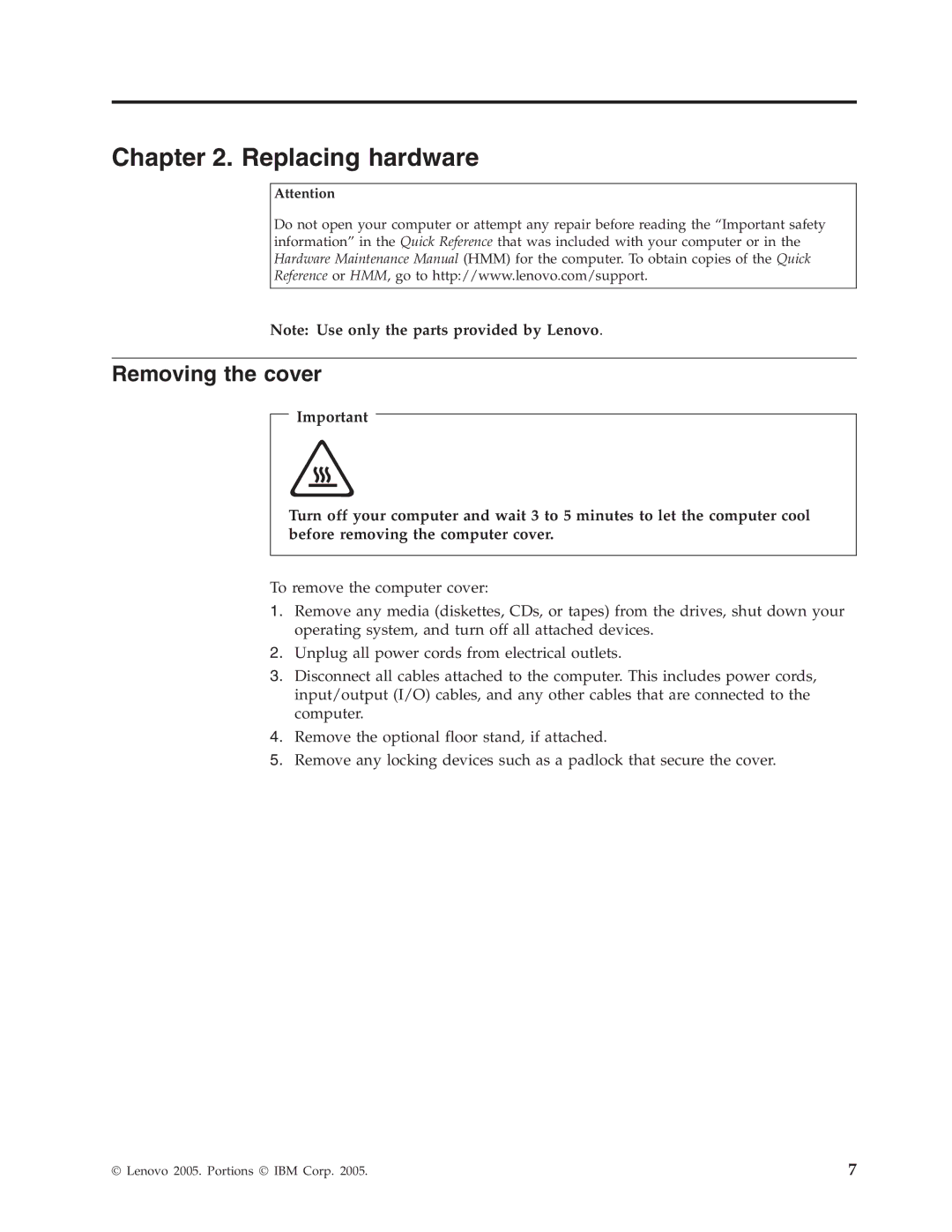 Lenovo 3000 manual Replacing hardware, Removing the cover 