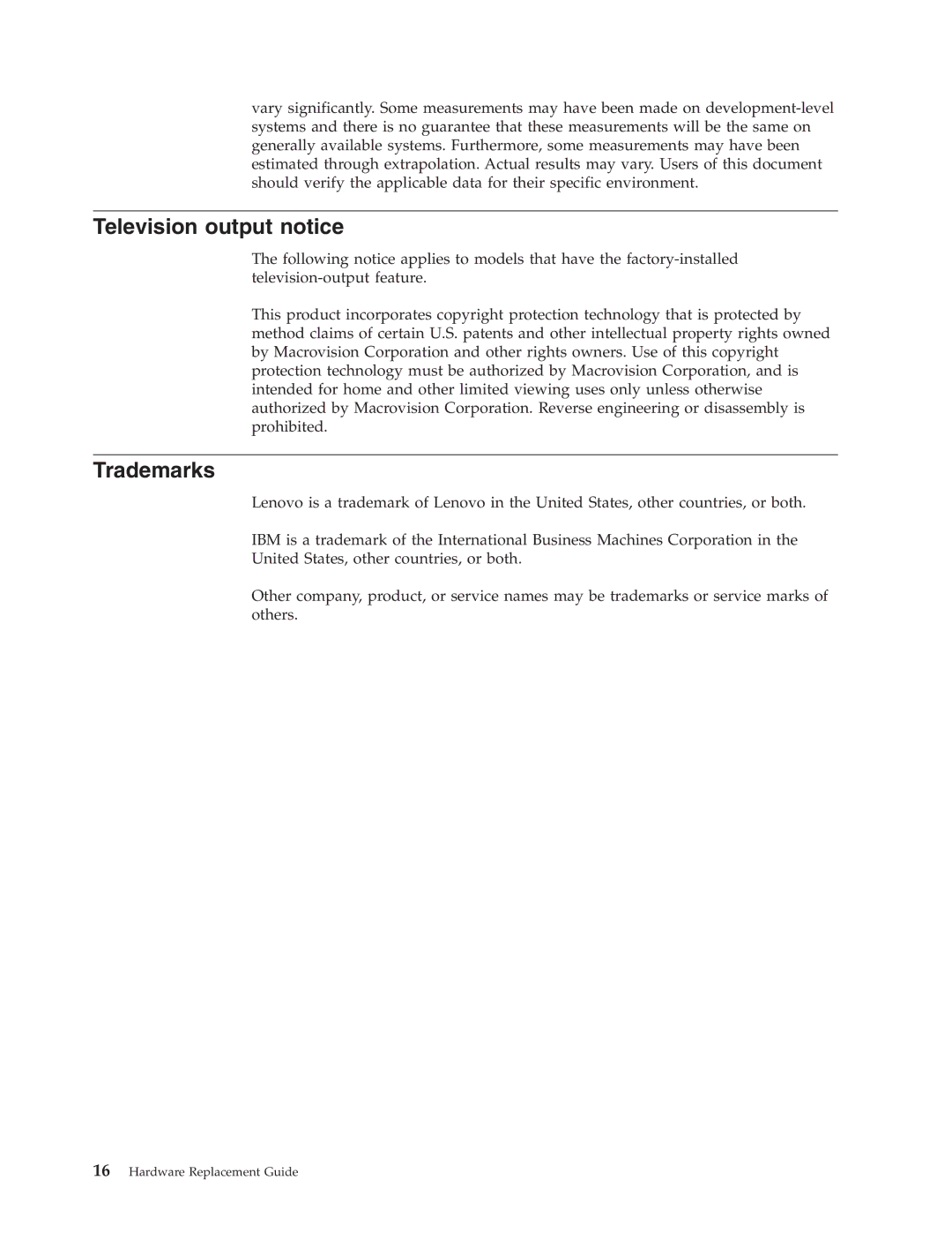 Lenovo 3000 manual Television output notice, Trademarks 