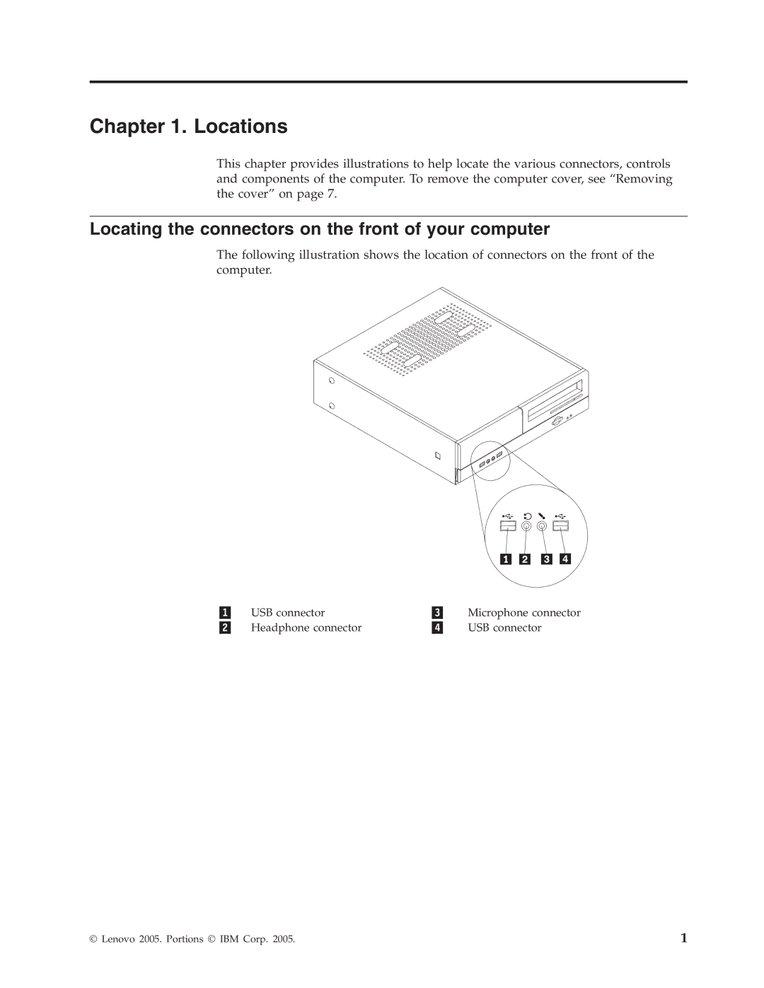 Lenovo 3000 manual Locations, Locating the connectors on the front of your computer 