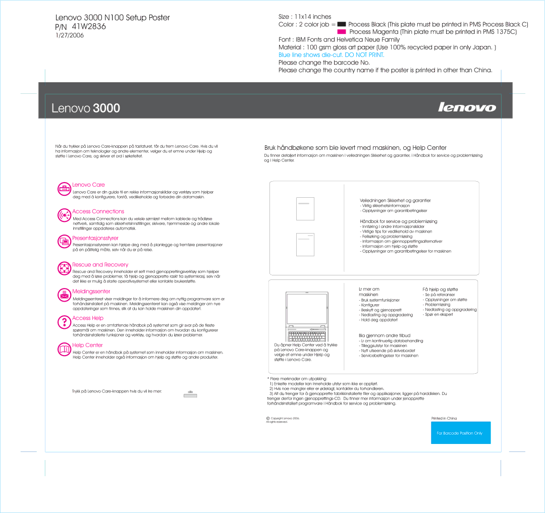 Lenovo 3000 manual Lenovo Care, Access Connections, Presentasjonsstyrer, Rescue and Recovery, Meldingssenter, Access Help 