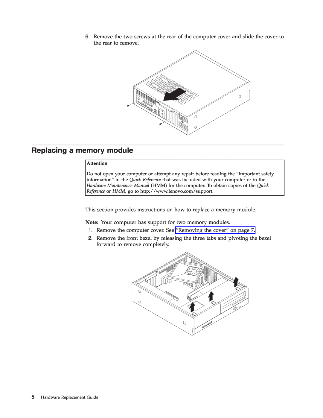 Lenovo 3000 manual Replacing a memory module, 8Hardware Replacement Guide 