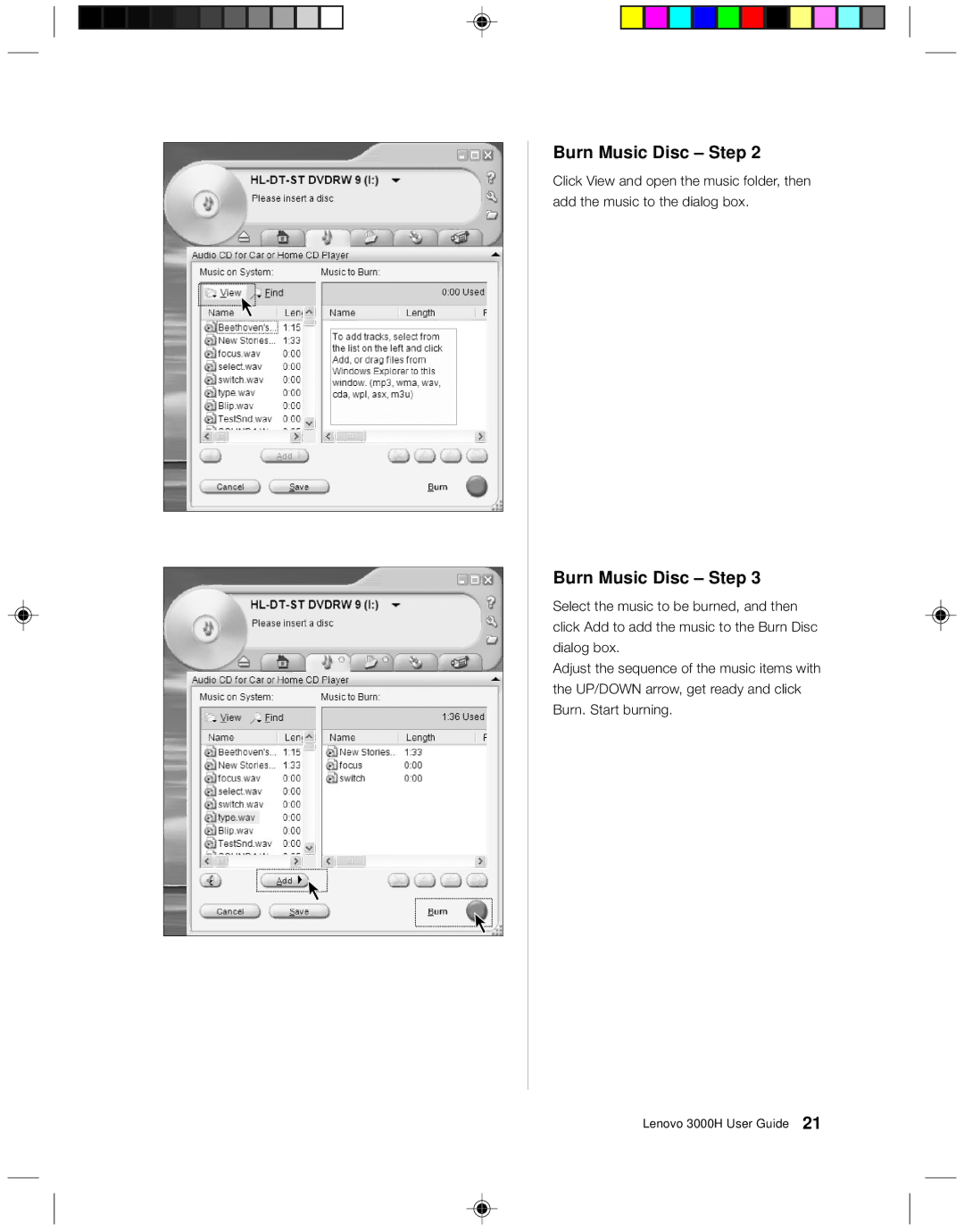 Lenovo 3000H manual Burn Music Disc Step 