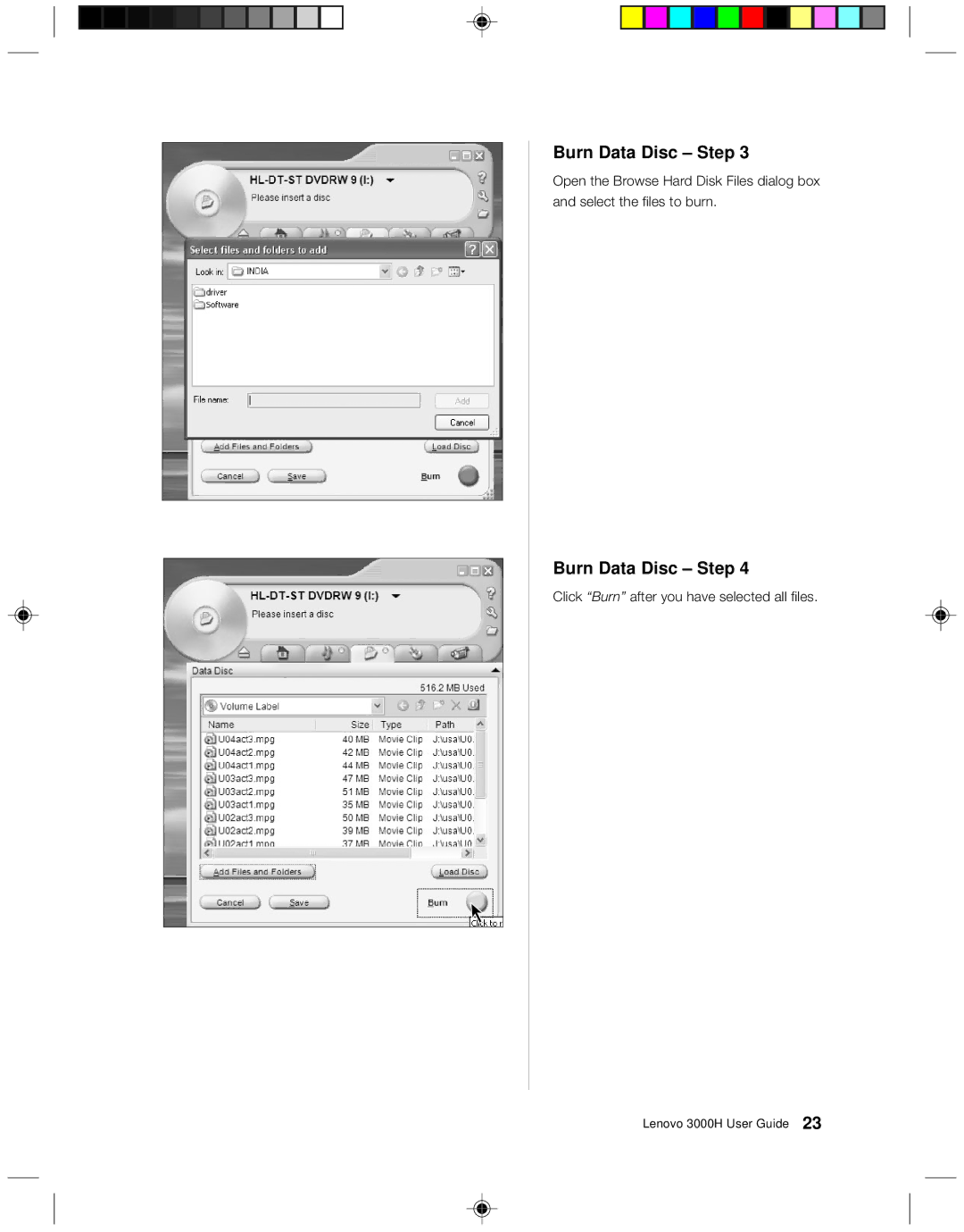 Lenovo 3000H manual Click Burn after you have selected all files 