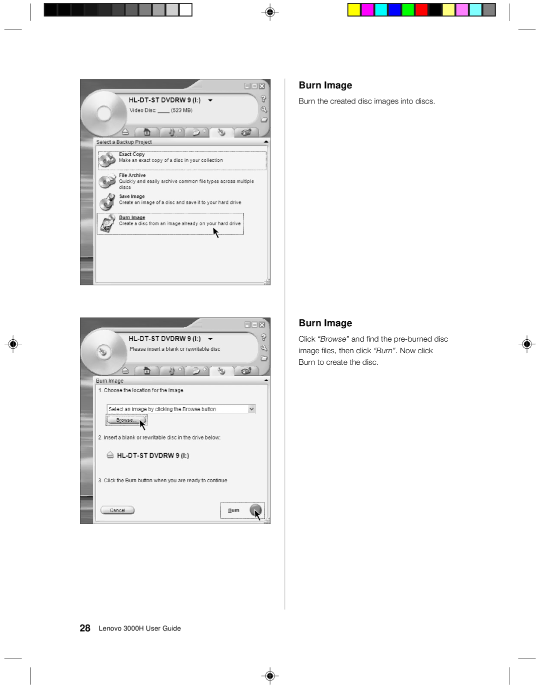 Lenovo 3000H manual Burn Image 