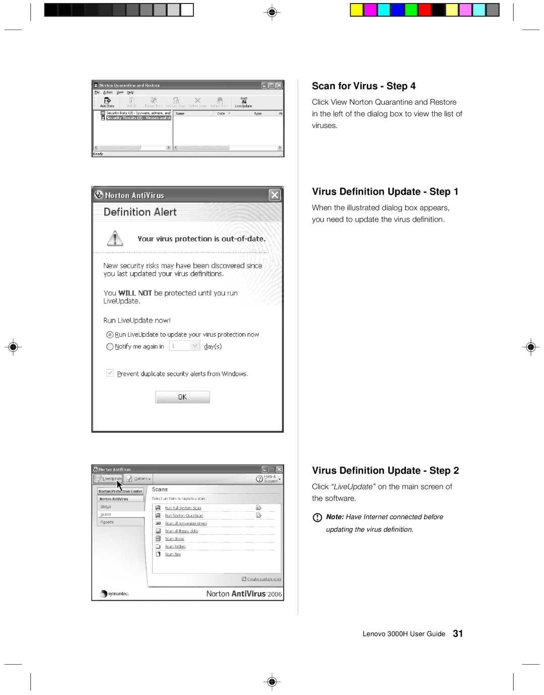 Lenovo 3000H manual Virus Definition Update Step 