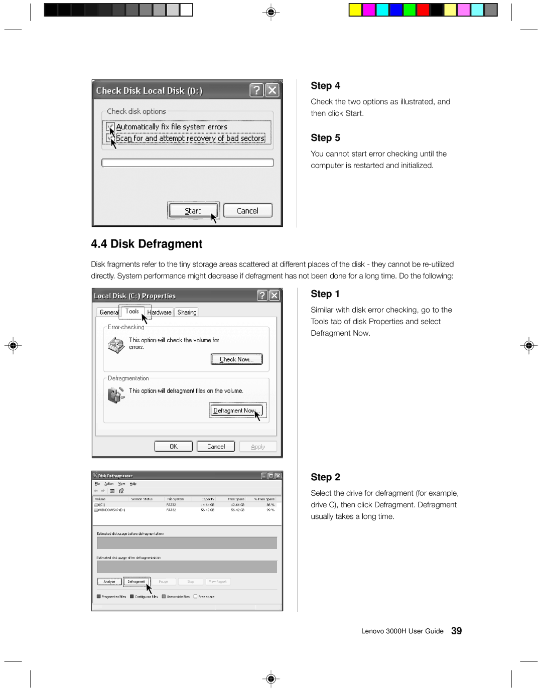 Lenovo 3000H manual Disk Defragment 