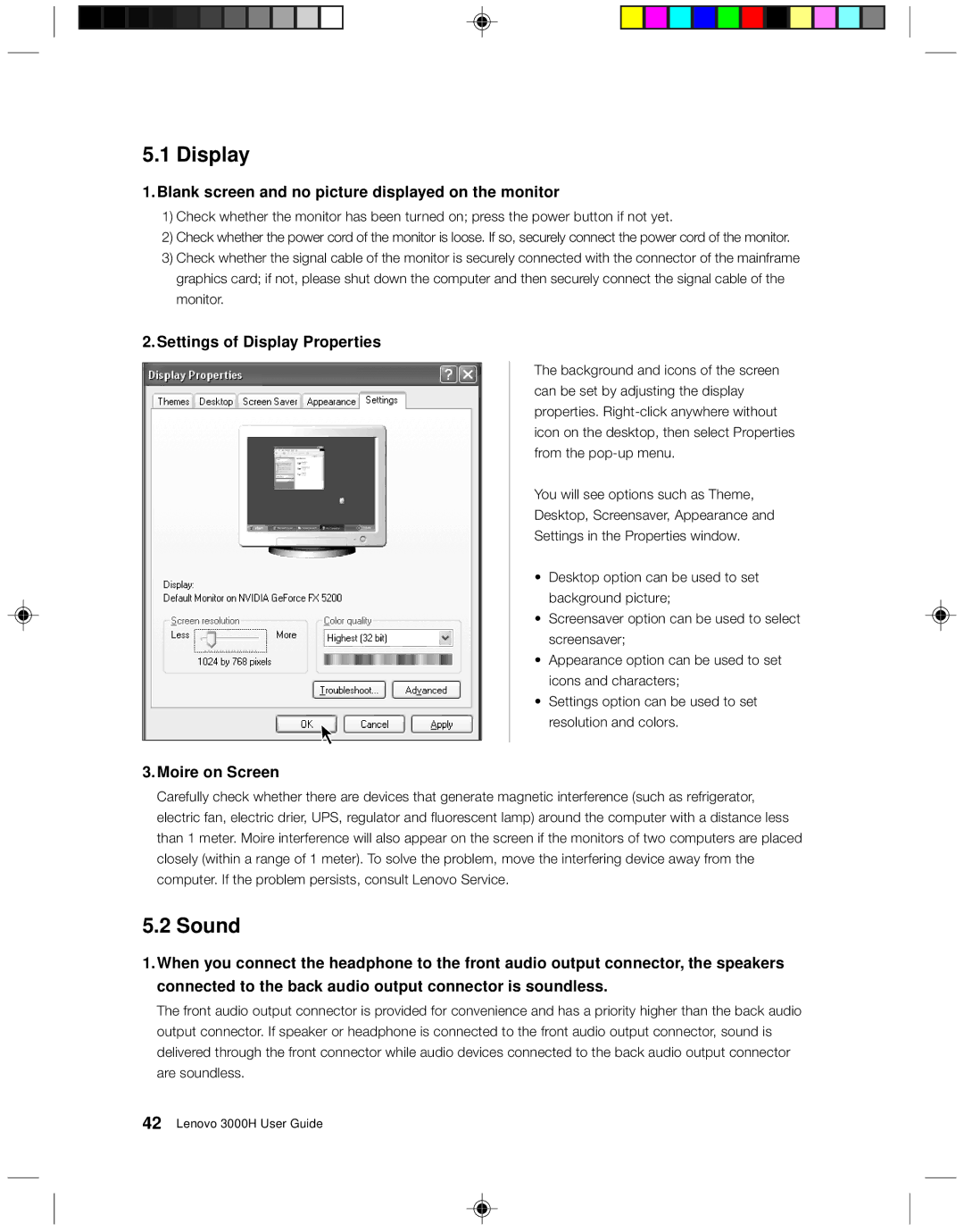 Lenovo 3000H manual Sound, Blank screen and no picture displayed on the monitor, Settings of Display Properties 