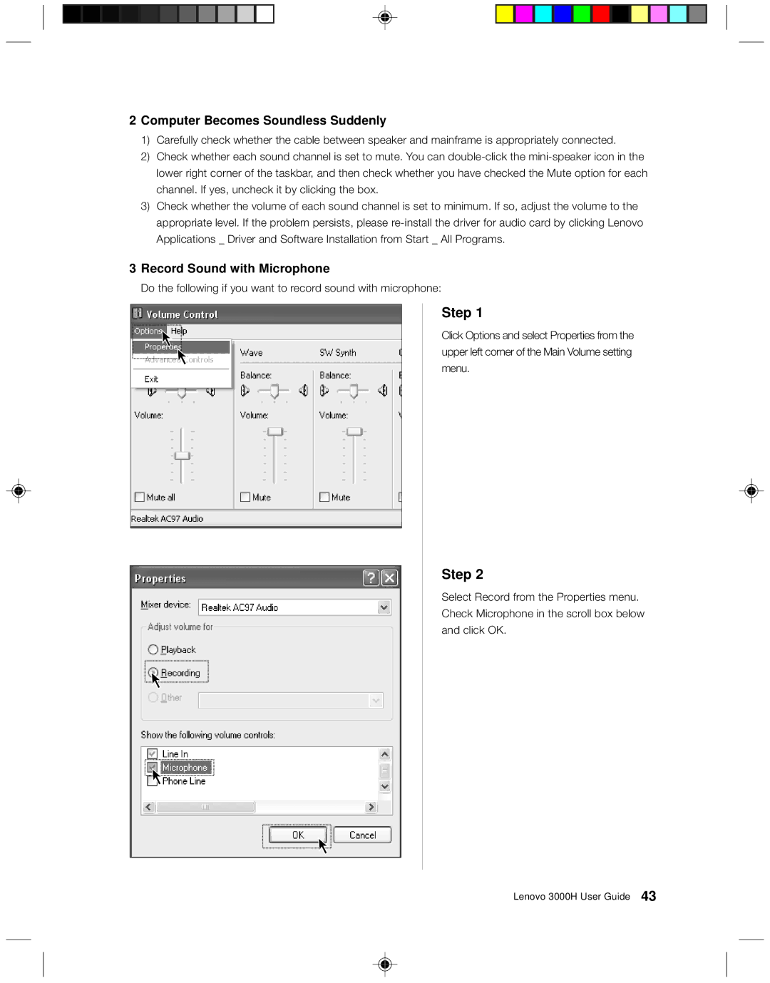 Lenovo 3000H manual Computer Becomes Soundless Suddenly, Record Sound with Microphone 